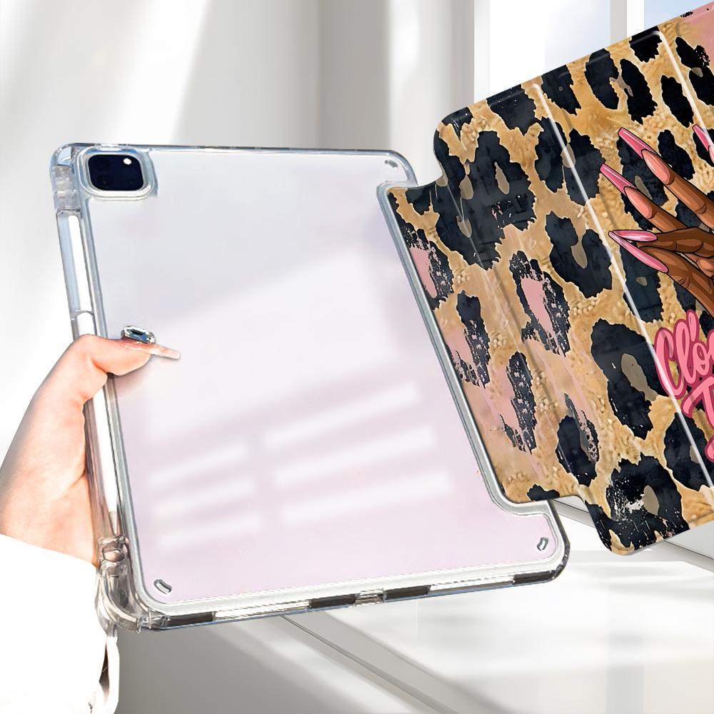 Fashion Leopard Print Design iPad Case,Fashion Transparent Acrylic Stand Cover, Pencil Holder & Charger Slot, Perfect Gift Shock-resistant Full Cover Protective Case Suitable for Offices Schools and Homes, Tablet Casing, Tablet Accessories