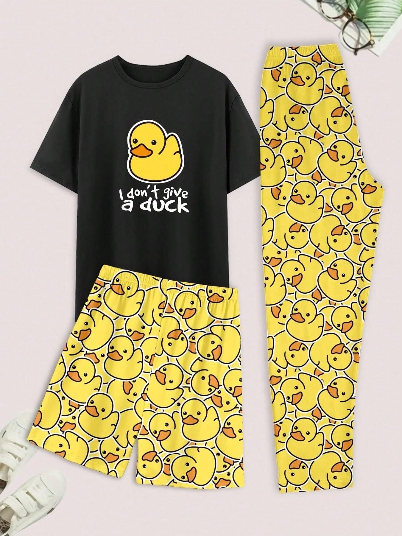 Boys' Cute Duck Home Set, Colorblock Letter Print, Short Sleeve, Shorts & Long Pants, Multi-Use Bedroom Lounge Wear, Duck Pjs