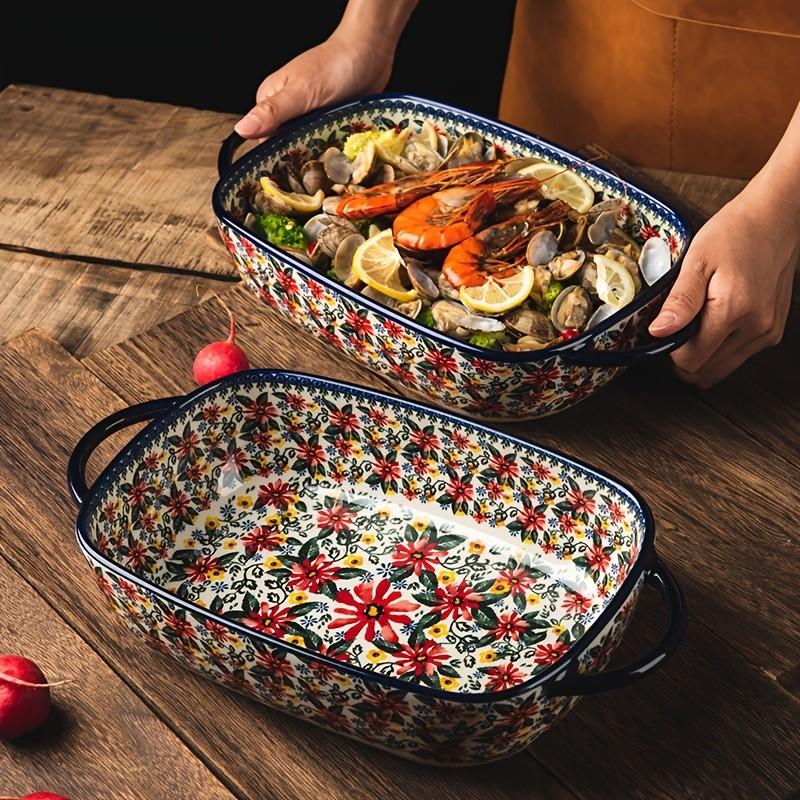 Floral Ceramic Baking Dish, Rectangular Casserole Dish, Bakeware, 730ML Rectangular Serving Bowl with Handle, Ideal for Rice, Salad & Cheese, Elegant Kitchen Accessory