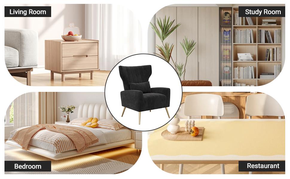 Velvet Accent Chair Wingback for Living Room, High Back Arm Chair with Golden Legs Lumbar Pillow, Upholstered Single Sofa Bedroom Beige