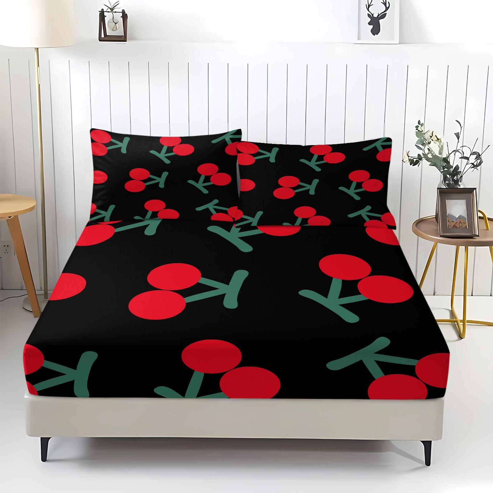 3 Pcs Compact Cherry Pattern Printed Bed Sheet Set,Includes 1 Fitted Sheet & 2 Pillowcases without Filler,Cute and charming design, soft and comfortable, suitable for all seasons,A perfect gift for children and teenagers, multiple styles available.