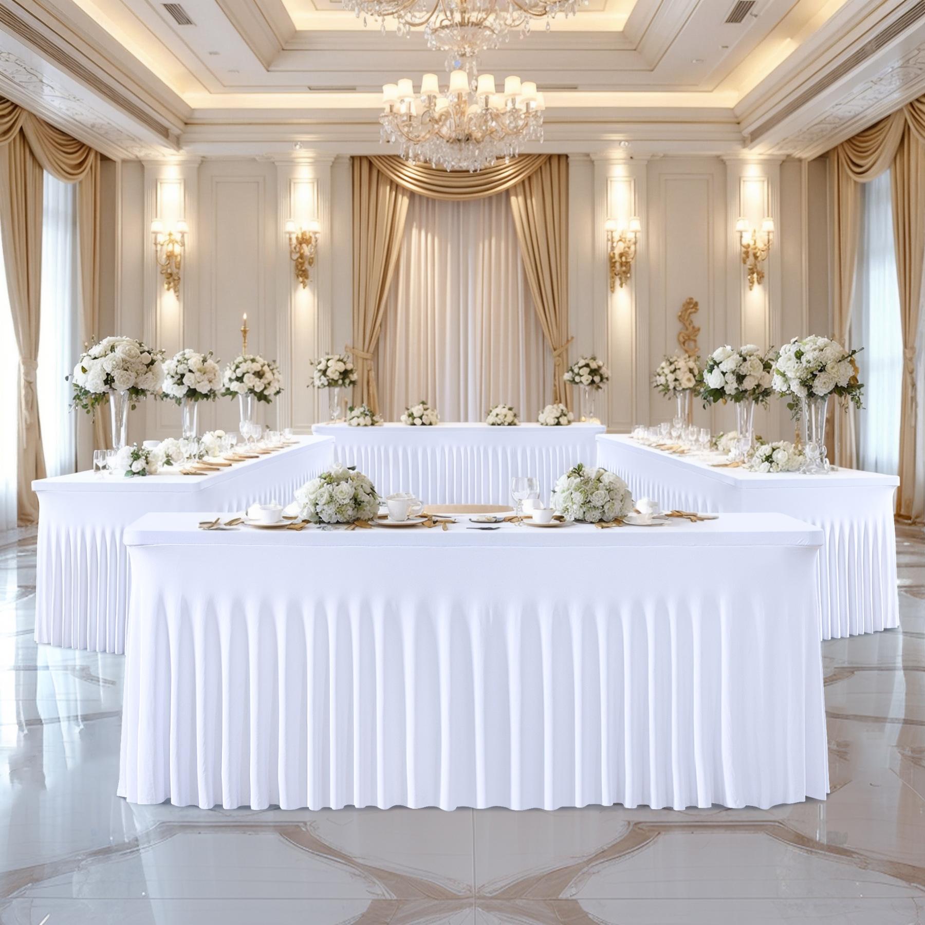 Stretch Tablecloth with Skirt, 4/6/8ft for Rectangle Table, Wrinkle Resistant & Washable, Perfect for Party, Wedding, Outdoor & Holiday Gifts
