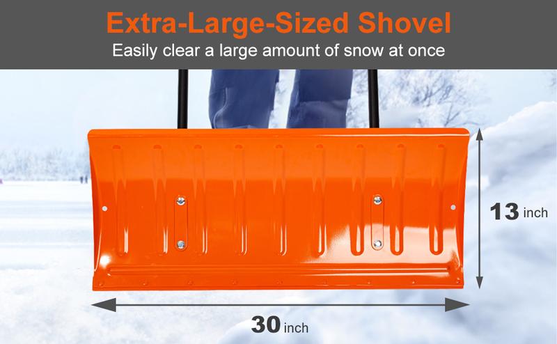 Walensee 30 Inch Metal Snow Shovel with Wheels for Driveway, Large Blade for Efficient Snow Removal, U-Shaped Handle,Heavy Duty Wheeled Metal Snow Pusher Shovels, Back Saver Snow Plow for Doorway