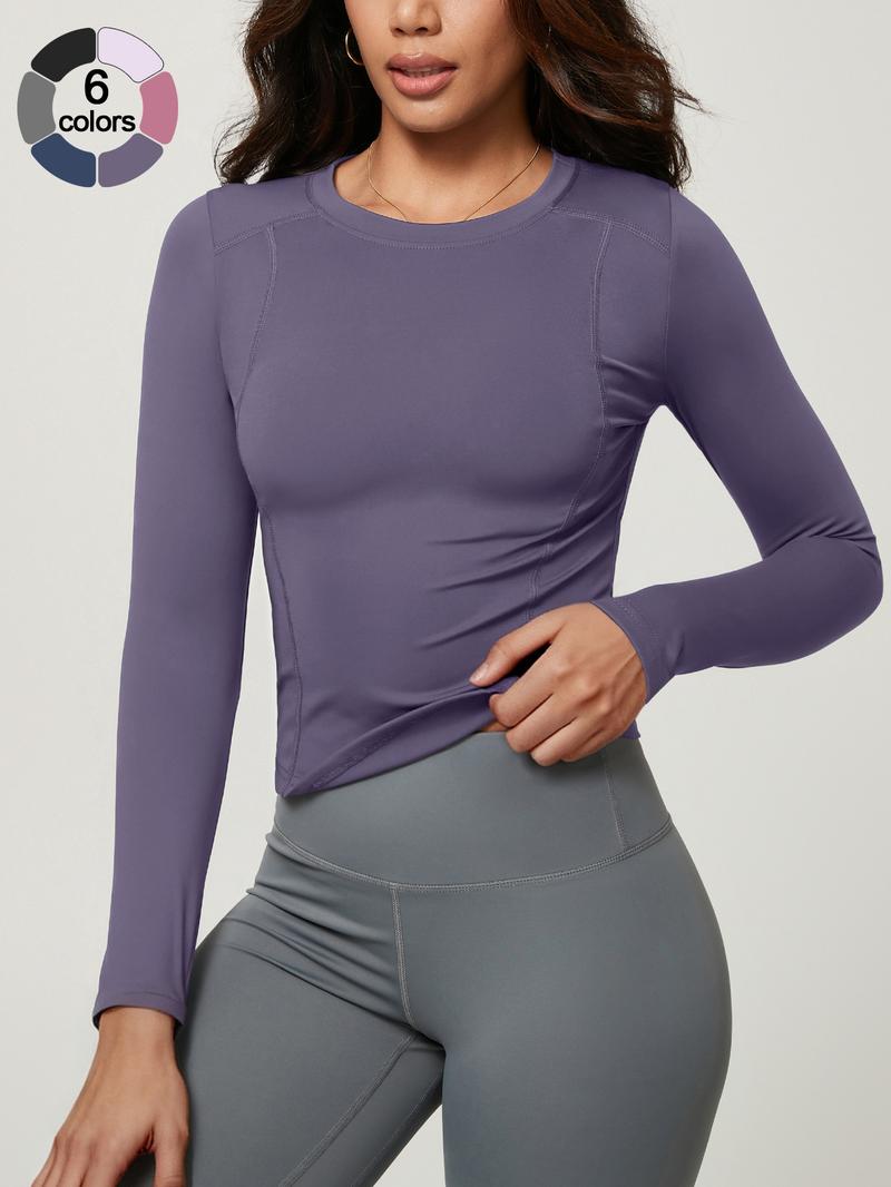 Women's Solid Color Long Sleeve Sport Top, Round Neck Thumb Hole Design, Comfortable Casual Yoga Gym Running Cycling Golf Tennis Wear, Fitness Running Tops