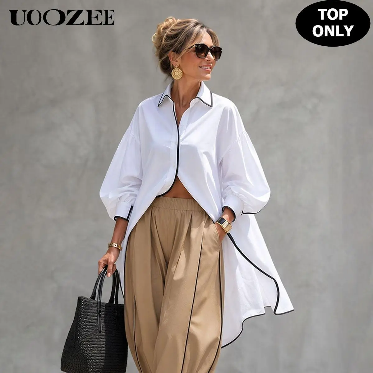 UOOZEE Women's Polyester Collared Colorblock Piping Oversized Long-Sleeve Button-Down High-Low Hem Loose Tunic Blouse, Casual White Women's Clothing Top, Blouses For Women