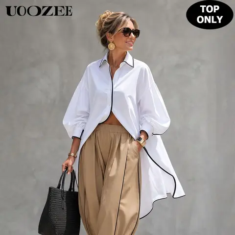 UOOZEE Women's 100% Polyester Fabric Basic Collared Long-Sleeve Button-Front Colorblock Piping Oversized High-Low Hem Loose Tunic Blouse - Smooth, Lightweight, Minimalist Casual White Tops for Women