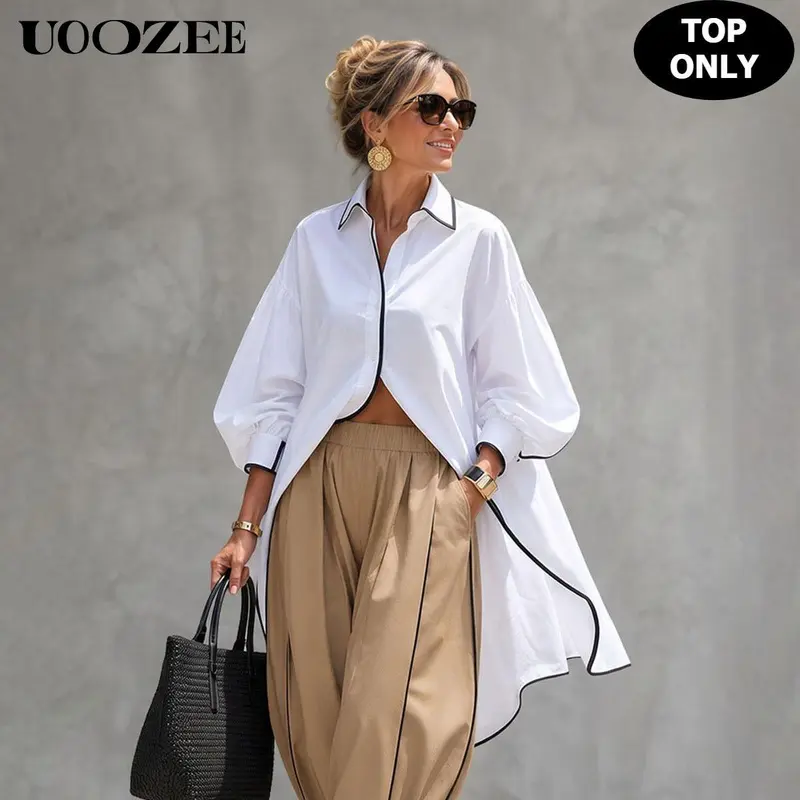 UOOZEE Women's 100% Polyester Fabric Basic Collared Long-Sleeve Button-Front Colorblock Piping Oversized High-Low Hem Loose Tunic Blouse - Smooth, Lightweight, Minimalist Casual White Tops for Women