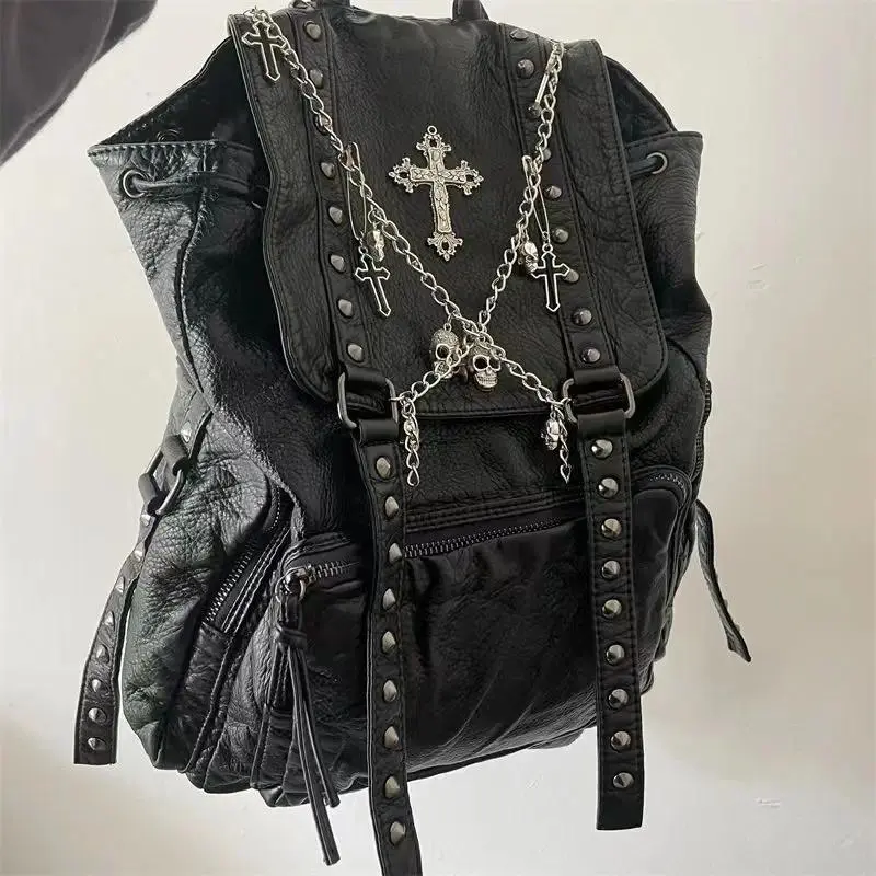 Gothic Y2k Backpack Black Grunge School Bags Pu Leather Cross Skeleton Punk Backpack Aesthetic Fashion Female Vintage Backpack