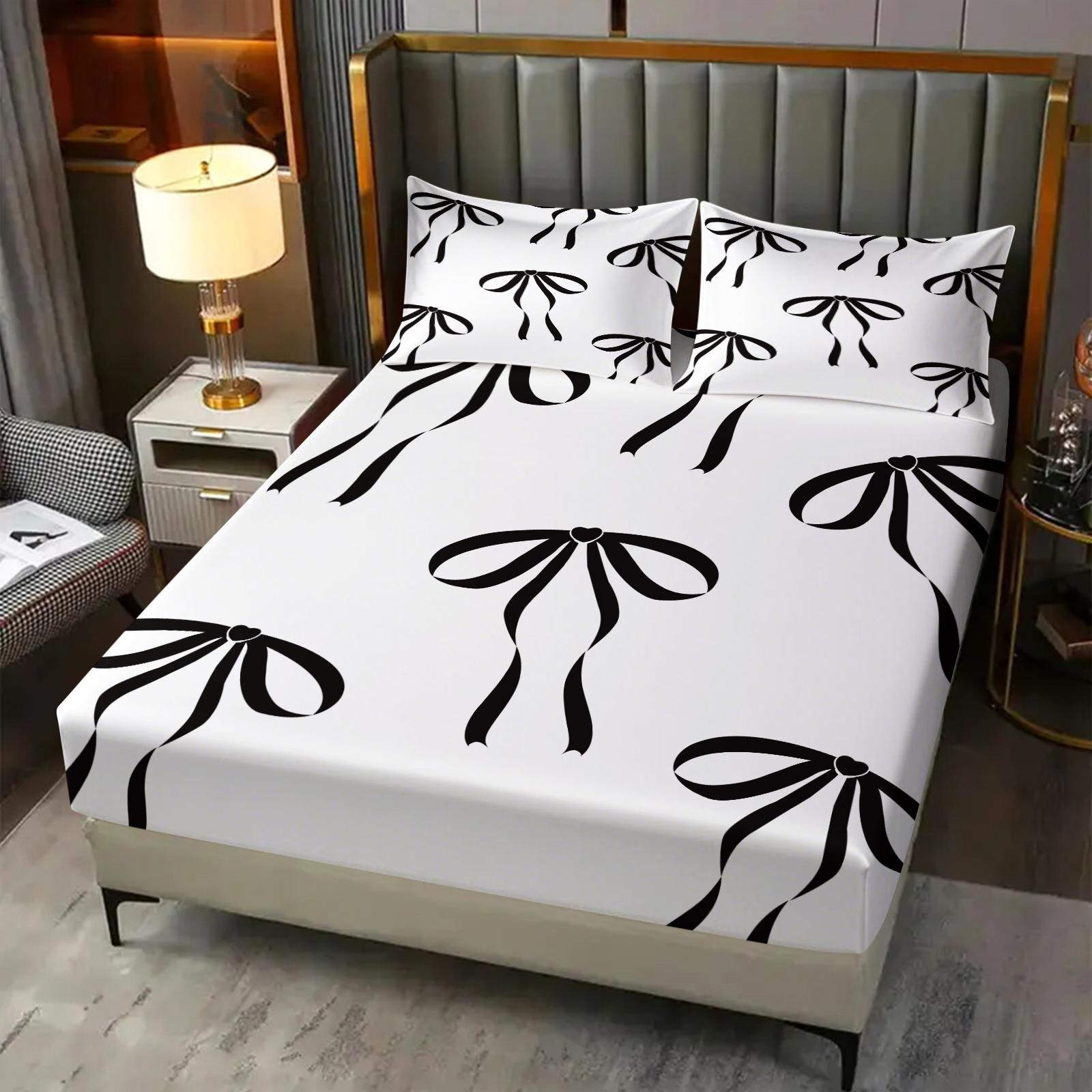 3Pcs Cute Bow Knot Fitted Sheet Set, Fresh Pastel Ribbon Deep Pocket Bed Sheet, Sweet Gift for Girls & Women for Bedroom