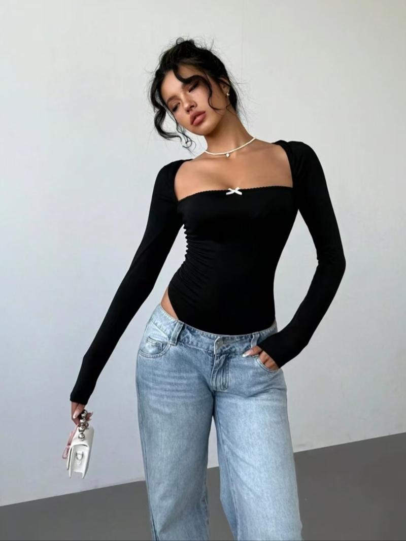 Women's Plain Bow Decor Square Neck Bodysuit, Elegant Fashion Casual Long Sleeve Bodysuit for Daily Outdoor Wear, Women Clothing for Summer