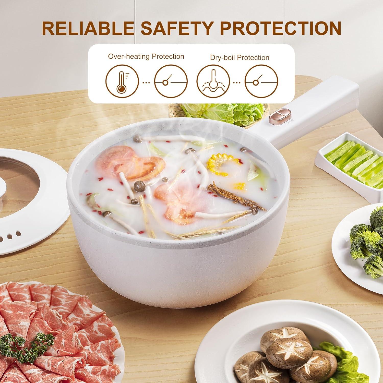 Hot Pot Electric, 2L Multifunctional Portable Cooking Pot, 1000W Rapid Noodles Electric, Non-Stick Frying Pans for Steak, Egg, Ramen, Oatmeal With Dual Power Adjustment