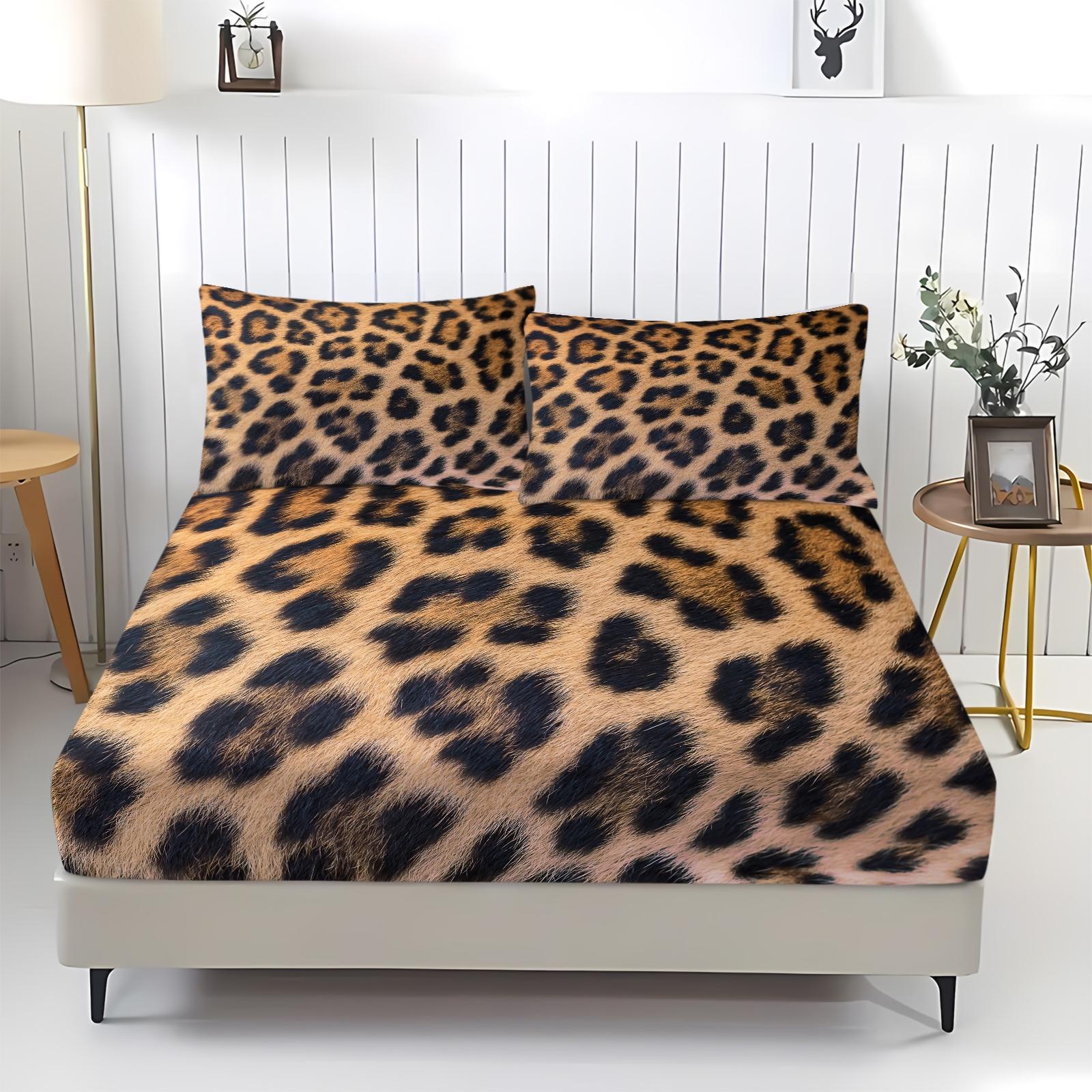 3pcs Leopard Print Fitted Sheet Set, Faux Fur Look Leopard Bed Sheet Set, Soft Microfiber Bedding Set (No Filler), Luxury Wild Animal Print Decor for Kids Boys Girls Bedroom & Dorm Room