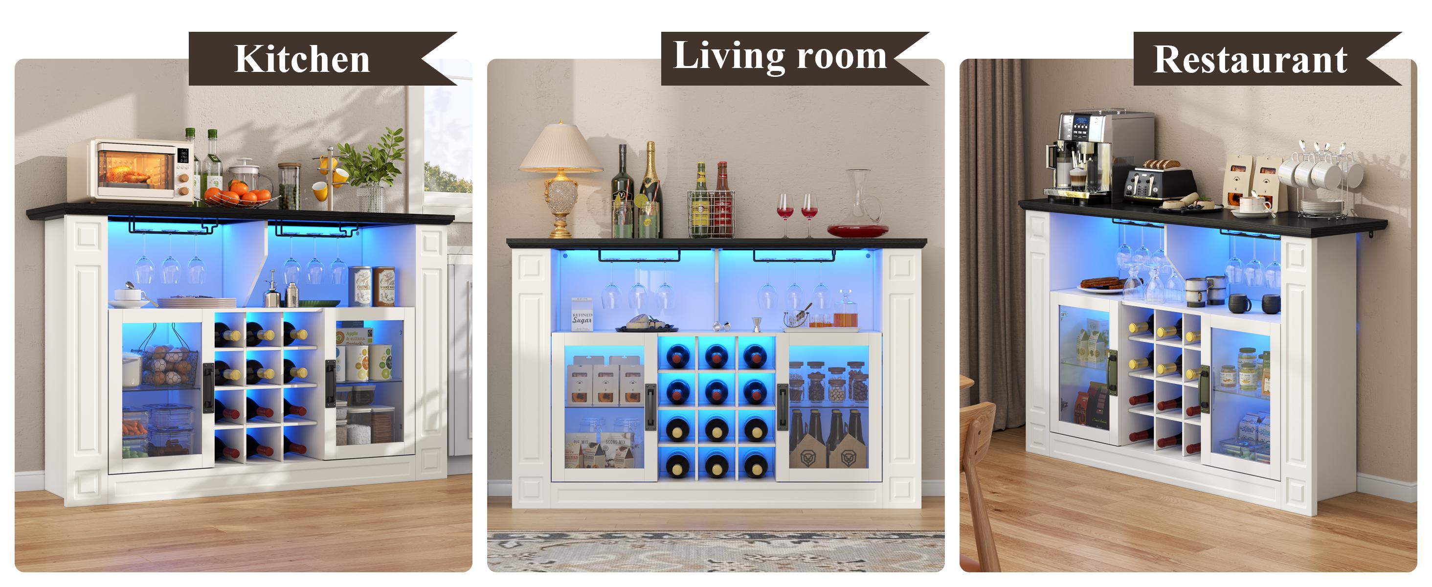 Liquor Cabinet with LED Light, Kitchen Coffee Bar Cabinet with Glass Rack and Removable Wine Racks, Wine Bar Cabinet with Glass Door, Home Bar with Storage