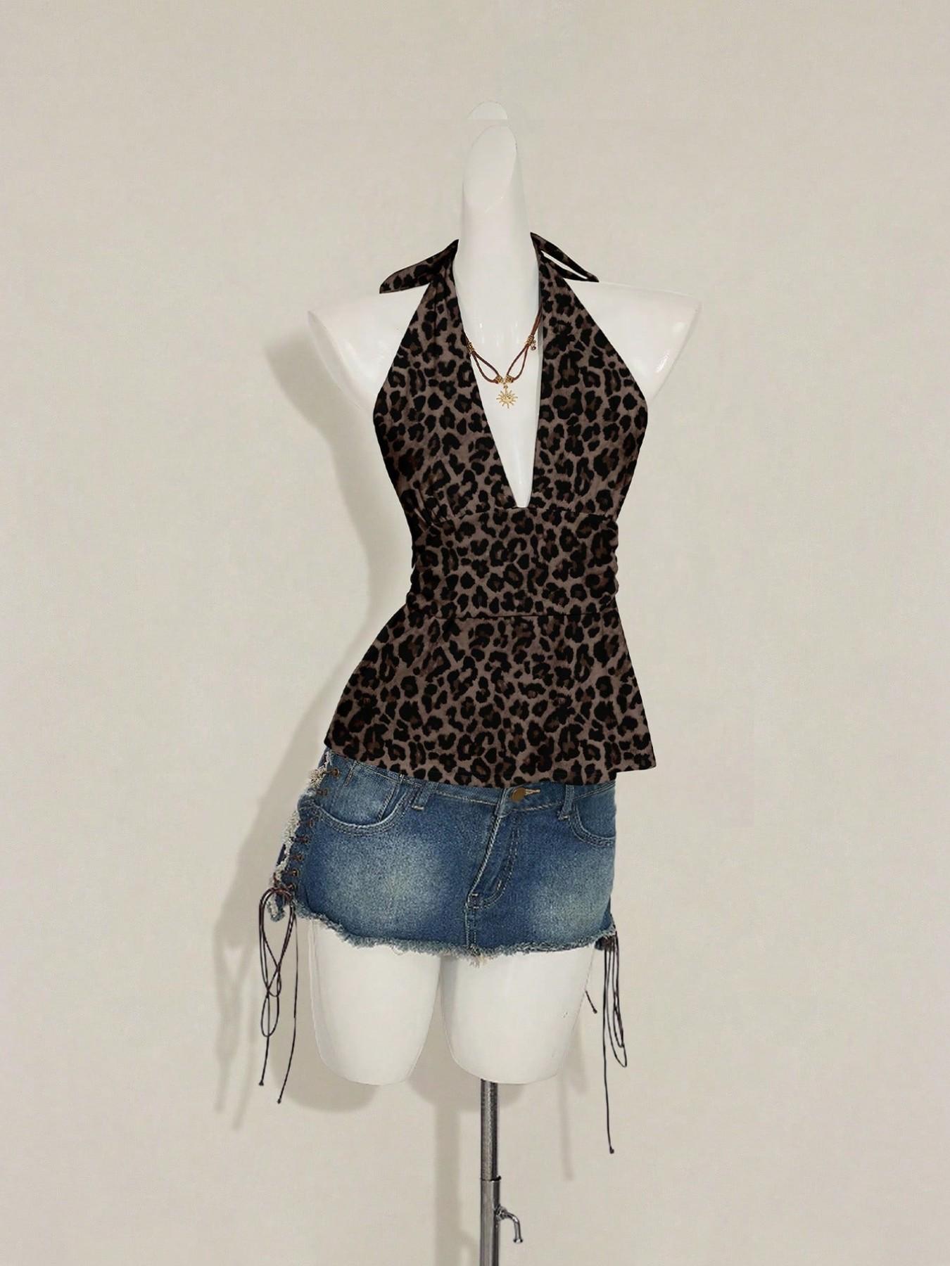 This Leopard Print Halter Top is Y2K Retro Edgy Vibes 🐆 | Deep V Ruched Peplum Top