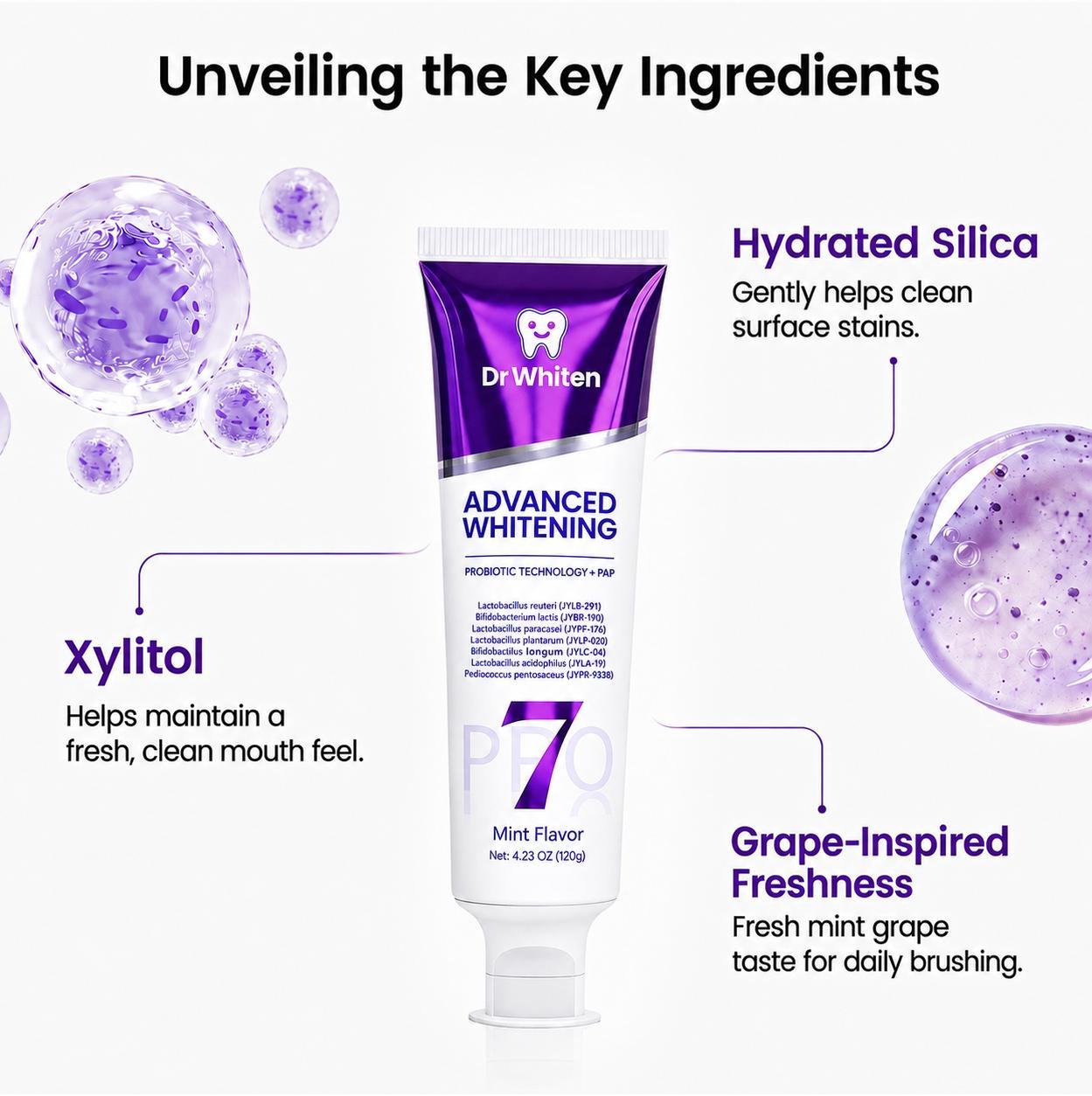 7-Pro Purple Color-Correcting Toothpaste, PAP Color Correcting Formula, 7 Probiotic Strains, Peroxide Free Mint Grape Toothpaste, Helps Clean Surface Stains Oral Whitening