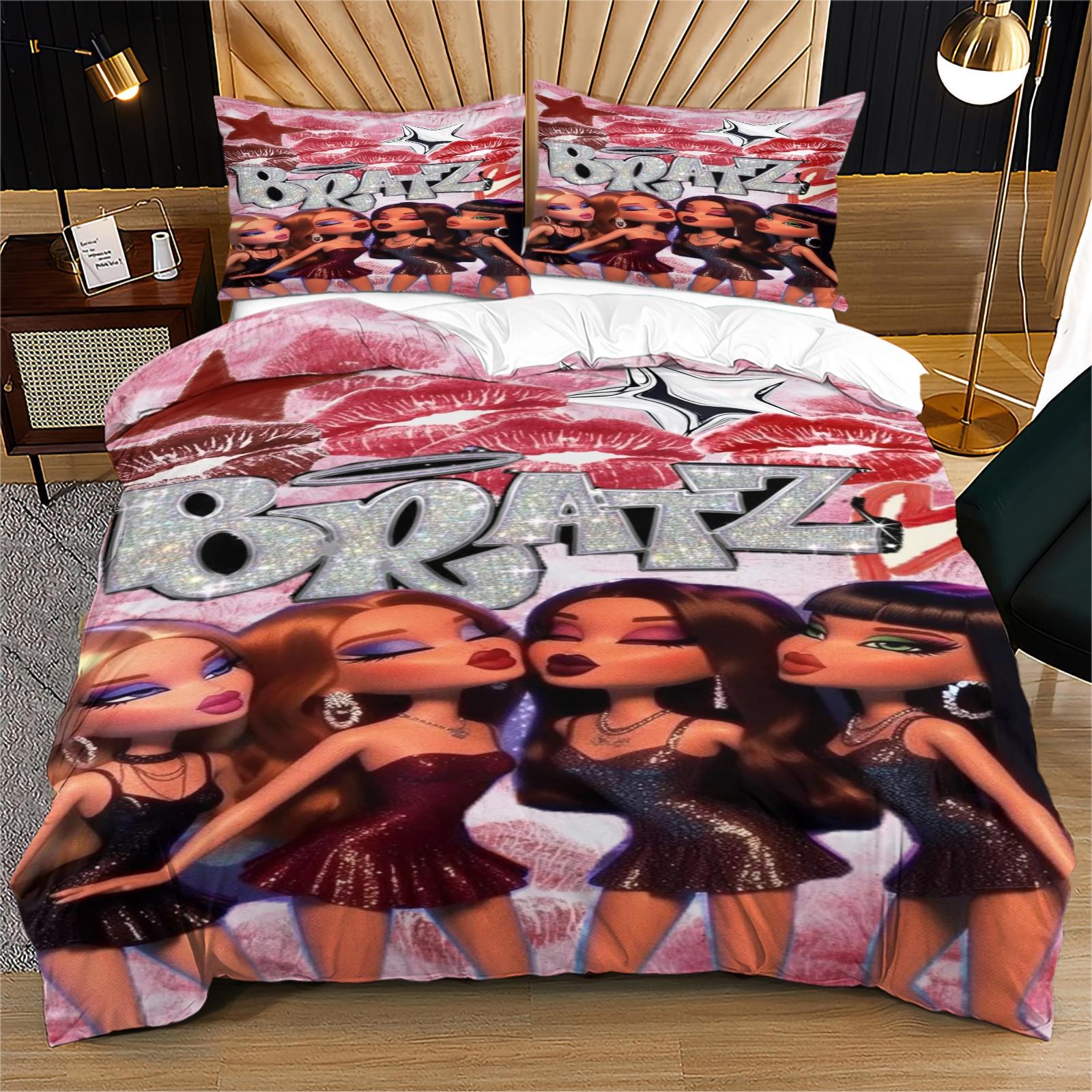 Bratz Pattern Printed Soft Durable Bedding Set, Includes 1 Fitted Sheet and 1 or 2 Pillowcases, Excluding The Core And Pillow Core, Modern Style Bedroom Decor Gift
