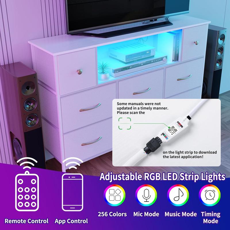 HongwayFurniture Dresser with 8 Drawers, LED Lights, Power Outlets, Wooden Top & Metal Frame for Bedrooms, Living Rooms, Entryways