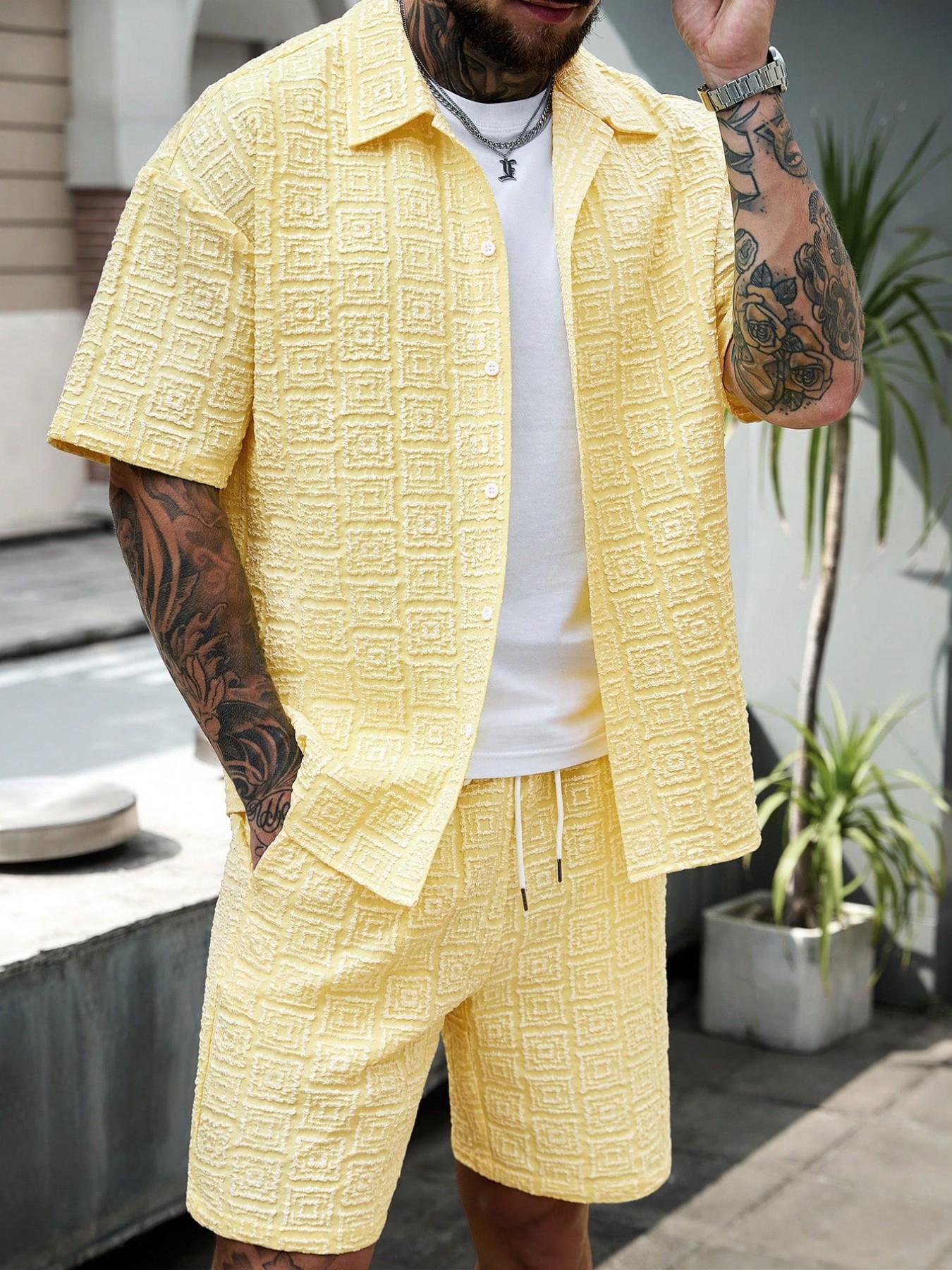 Men's Two-Piece Set Plain Short Sleeve Shirt and Shorts, Casual Button-Down Top and Shorts, for Summer Vacation and Beach