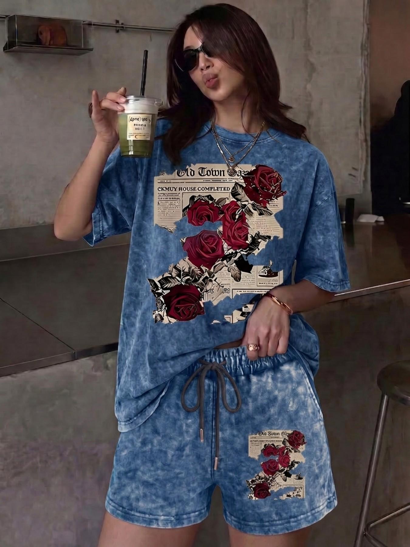 A relaxed, casual two-piece set featuring a floral rose-print tie-dye design; includes a crew-neck, short-sleeve washed T-shirt and drawstring shorts with pockets—perfect for outdoor leisure Clothes