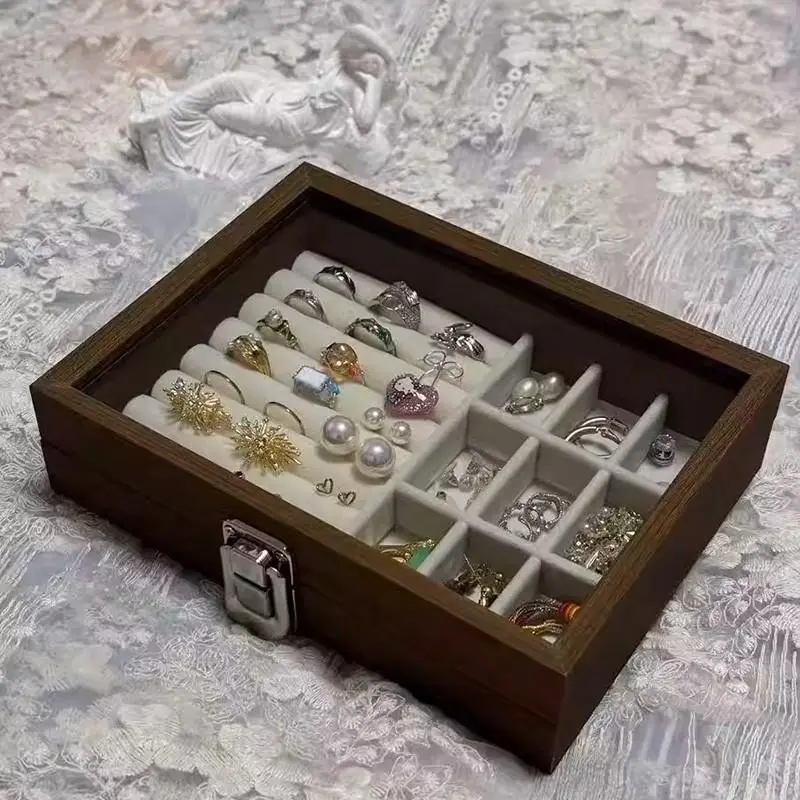 1pc Vintage Jewelry Storage Box Covered Jewelry Box Ring Box Earrings Bracelets Necklaces Solid Wood Display Box