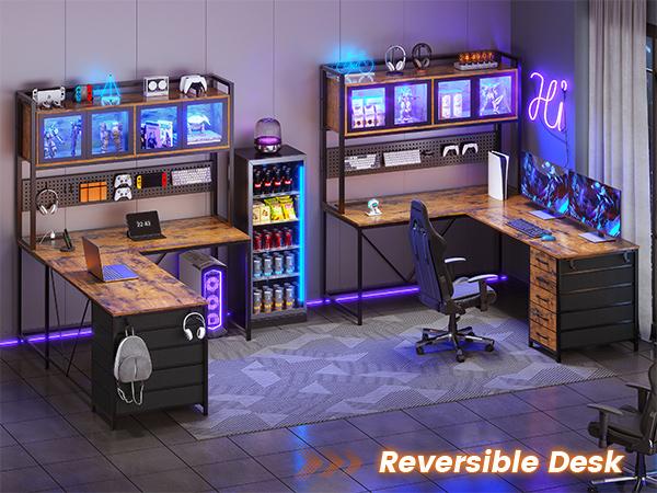 SEDETA L-Shaped Computer Desk with Storage Home Office Desk LED L-Shaped Gaming Desk with Storage