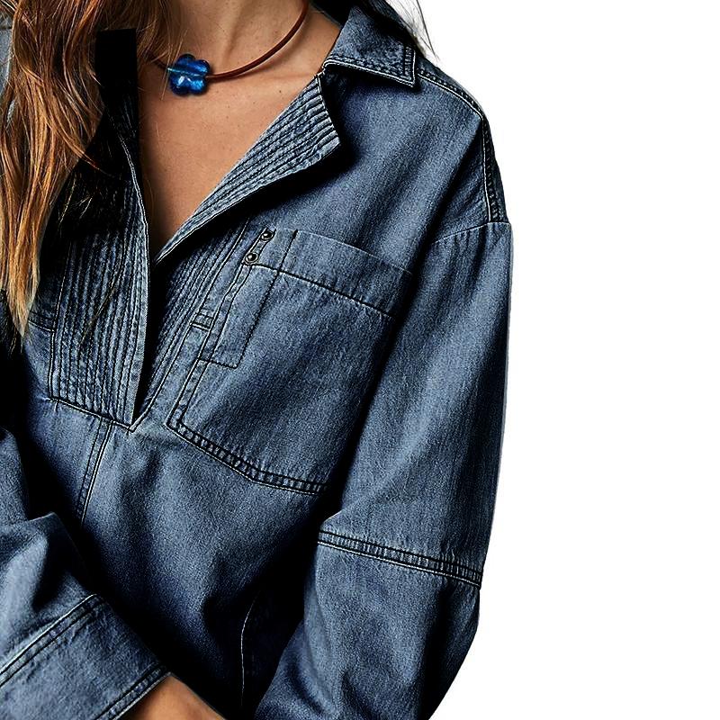 MIDIROSS Women's V-Neck Denim Pullover Shirt