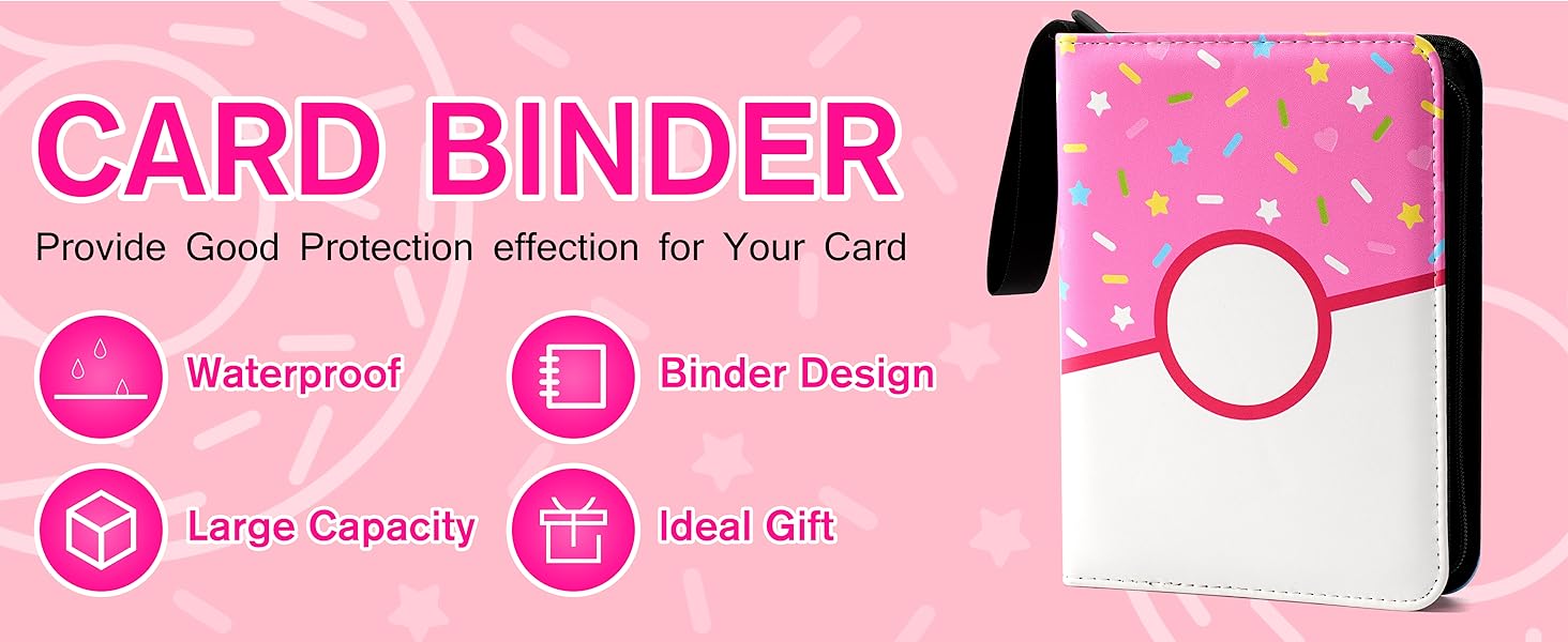 4-Pocket Trading Card Organizer, 400-Card Zipper Binder Album for Girl Teen Collection, Pink Donut & Green Donut Designs
