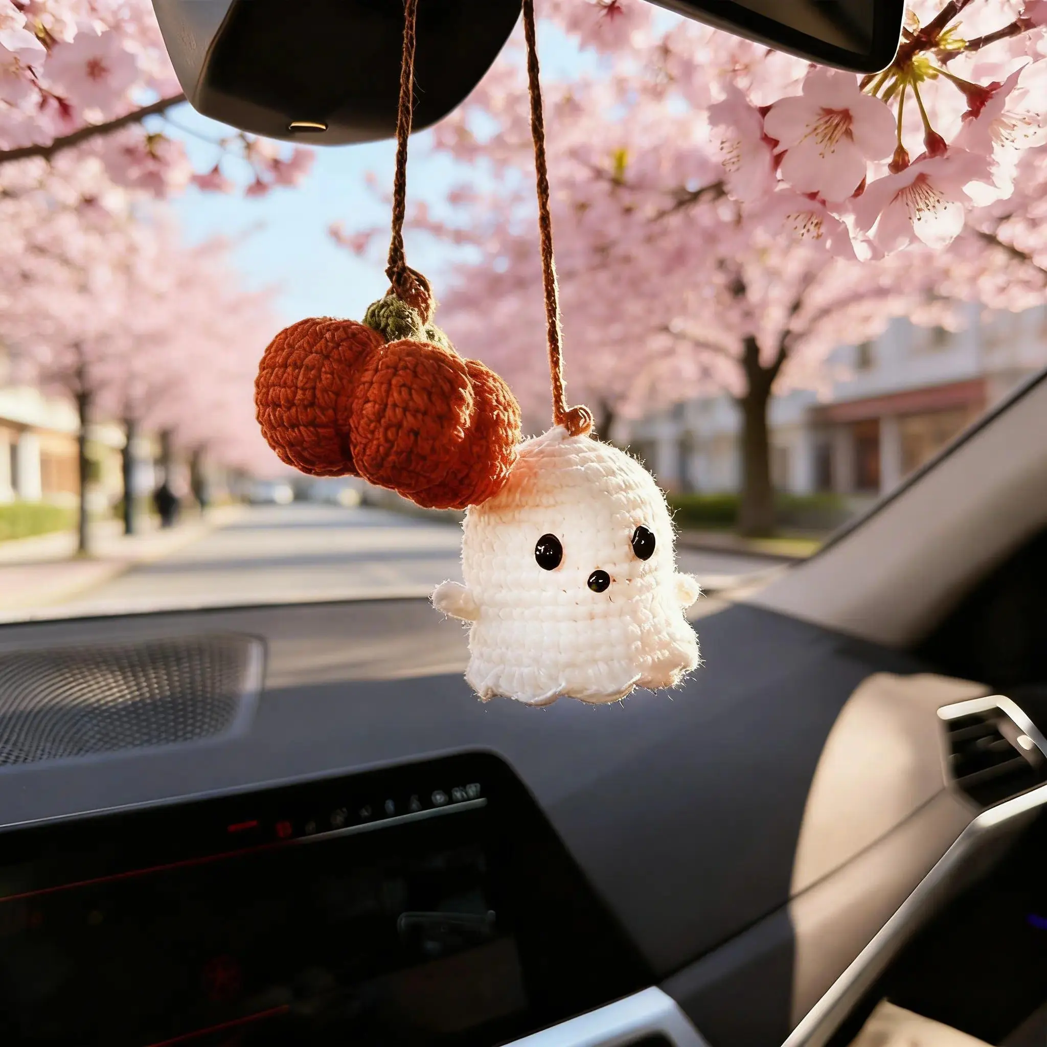 Handmade Crochet Amigurumi Cute Ghost-Pumpkin Car Charm - Lightweight Rear View Mirror Ornament for Cars-SUVs, Cozy Fall Aesthetic Halloween Decor, Doorknob/Reading Nook Accessory, Unique Gift for Women