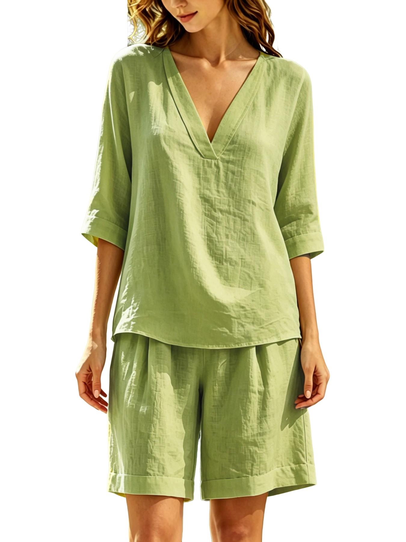 Spring Summer Women's Two-Piece Set, Sexy V-Neck Baggy Short Sleeve T-Shirt Top, Wide Leg Shorts, Beach and Vacation Casual Fashion Loungewear Clothes
