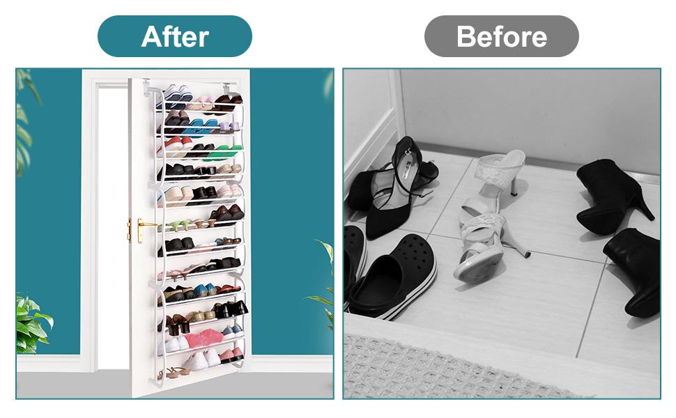 FCH 12 Layers Over The Door Shoe Organizer Wall-Mounted Style Shoe Rack Hanging Plastic Metal Shoe Rack Narrow Tower Shelf Space Saving Shoe Storage Holder,Holds 30 Pairs of Shoes,Easy to Assemble,White
