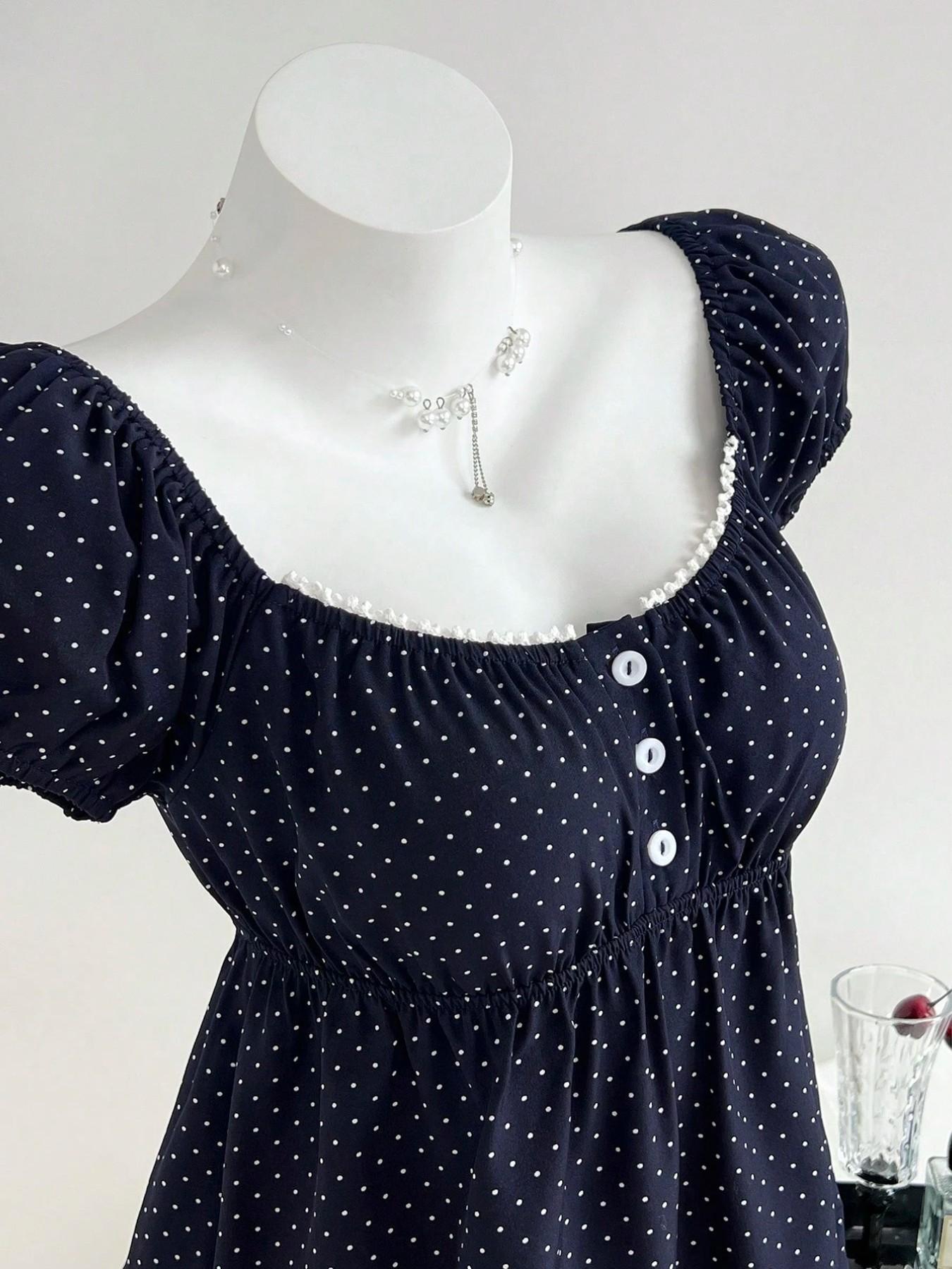 Women's Polka Dot Short Sleeve Top, Vintage Square Neck Bubble Sleeve Slim Fit T-Shirt, Soft Breathable Fabric, Casual Daily Wear Spring