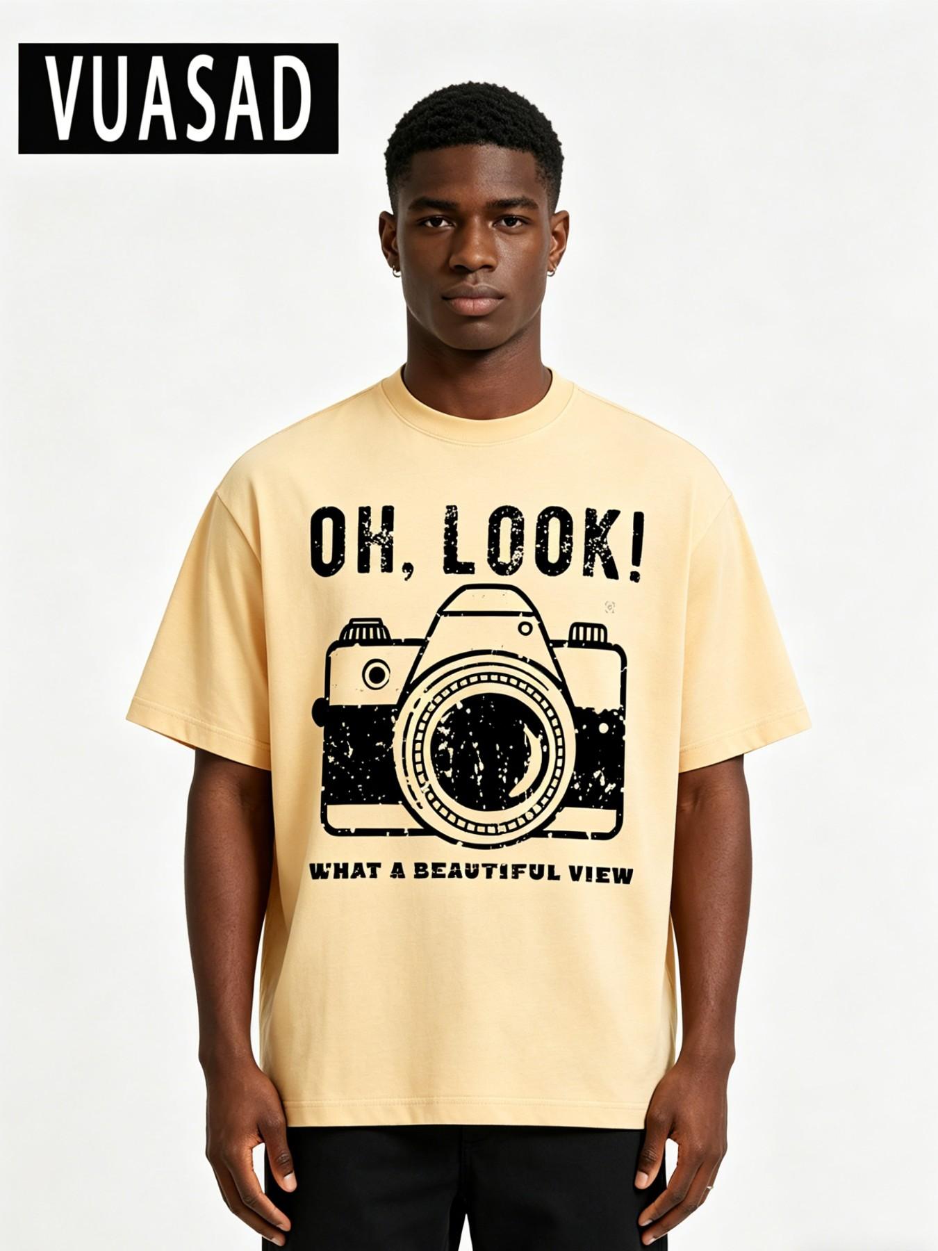 Men's Vintage Camera Pattern Cotton T-Shirt, American Retro Street Style, Casual Loose-Fitting Short Sleeve Top, Long Length