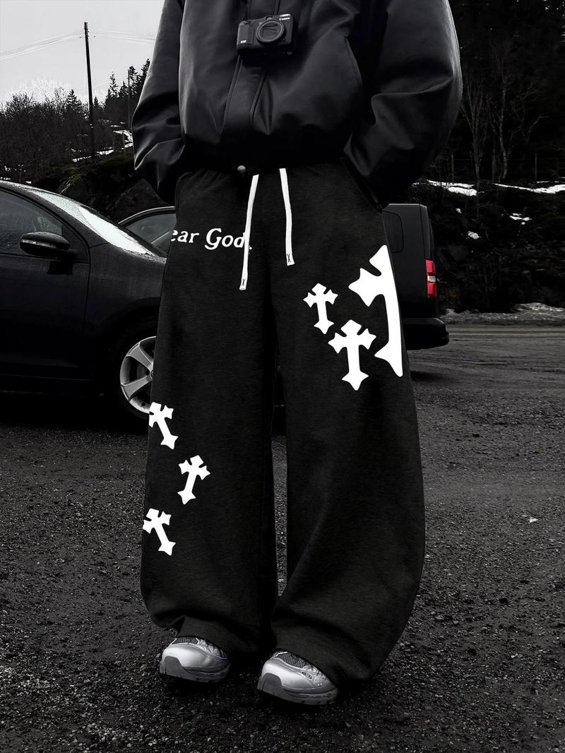 Men's Knitted Elastic Waist Pants, Stretchy Fabric, Casual Street Style, Vintage Look, Letter Cross Print, Straight Leg Design