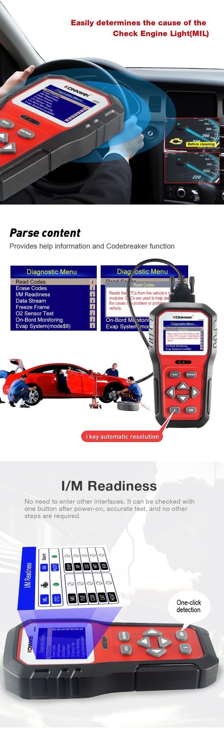 KONNWEI KW860 Unique OBD2 Scanner Code Reader, OBD2 Car Diagnostic Tool, Engine Fault Diagnosis, Can Scan Instrument with I/m Preparedness