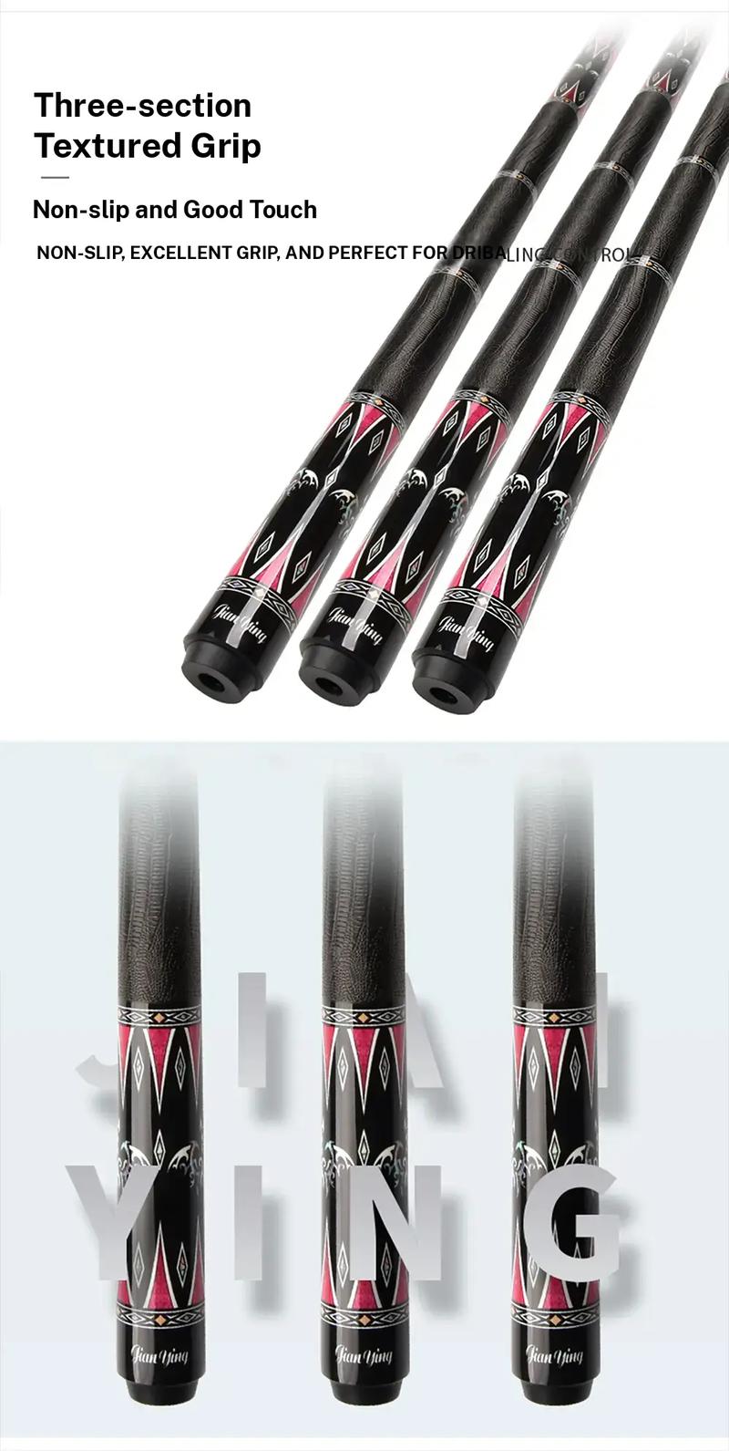 JIAN YING New carbon fiber 1/2 billiard cue Strong stability High performance Pool cue. It features a 58 inch, 11.5/12.5 millimeter cue tip. Comes with cue case + leather tip + gloves + towel + chalk+extended handle