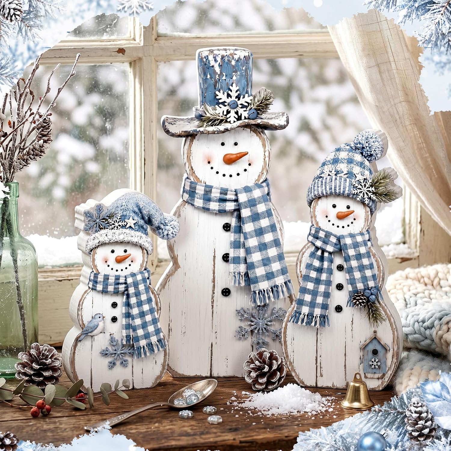 3 count Blue Christmas Table Decorations Wooden Snowman Sign | Christmas Snowman Centerpieces, Merry Christmas Winter Tiered Tray Desktop, Winter Party Decor for Indoor  Kitchen Gifts