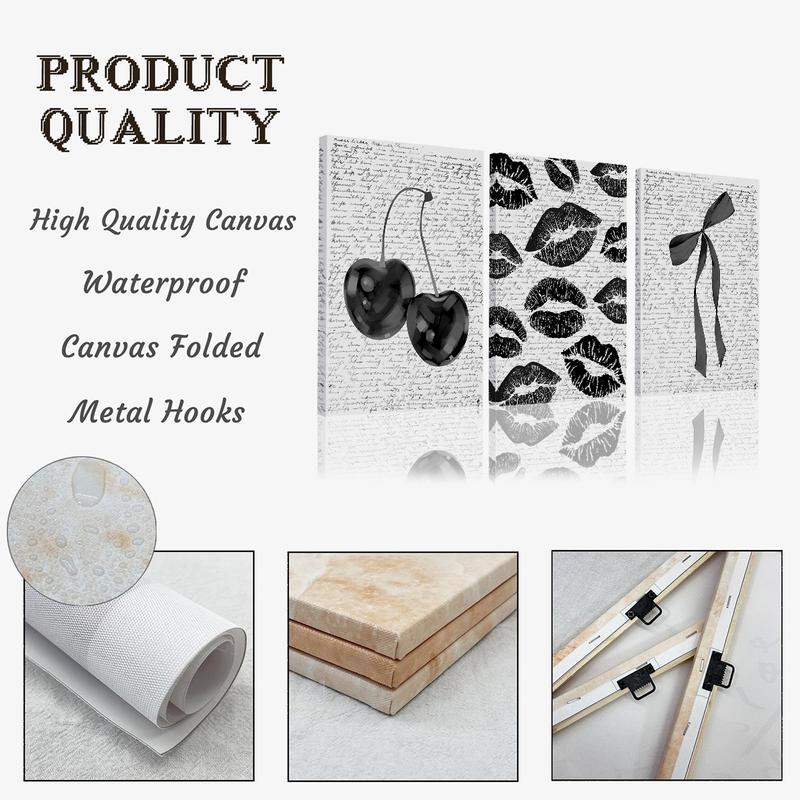 3Pcs/Set Wooden Framed Black White Retro Cherry Canvas Poster, Coquette Bow Trendy Wall Art, Aesthetic Design, Preppy Decor, Lips Kiss Prints, Artwork Wall Painting For Gift, Dark Aesthetic, Wall Decor For Bedroom, Living Room, Ready To Hang