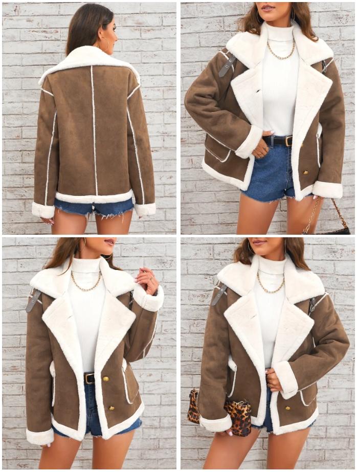 BIGWIG Lapel Plush Jacket Winter Warm Casual Outwear Women's Clothing Long Sleeve Suede Faux Sherpa Fur Lined Coats Basic Minimalist Pink Color