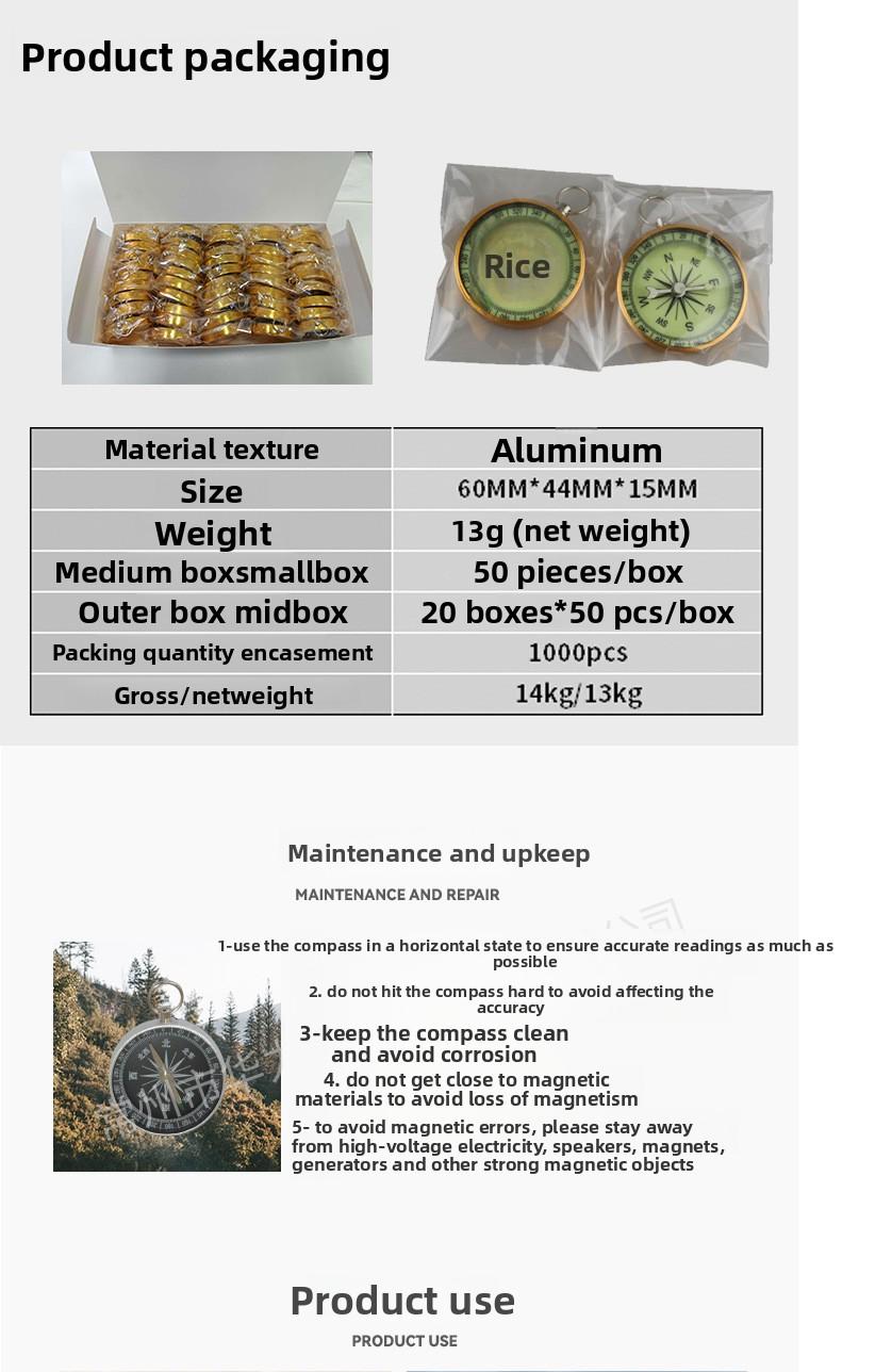 G44 Golden Aluminum Shell Outdoor Travel Wedding Gift Teaching Compass Laser LOGO North Pointer for Camping, Outdoor Hiking, and Night Use