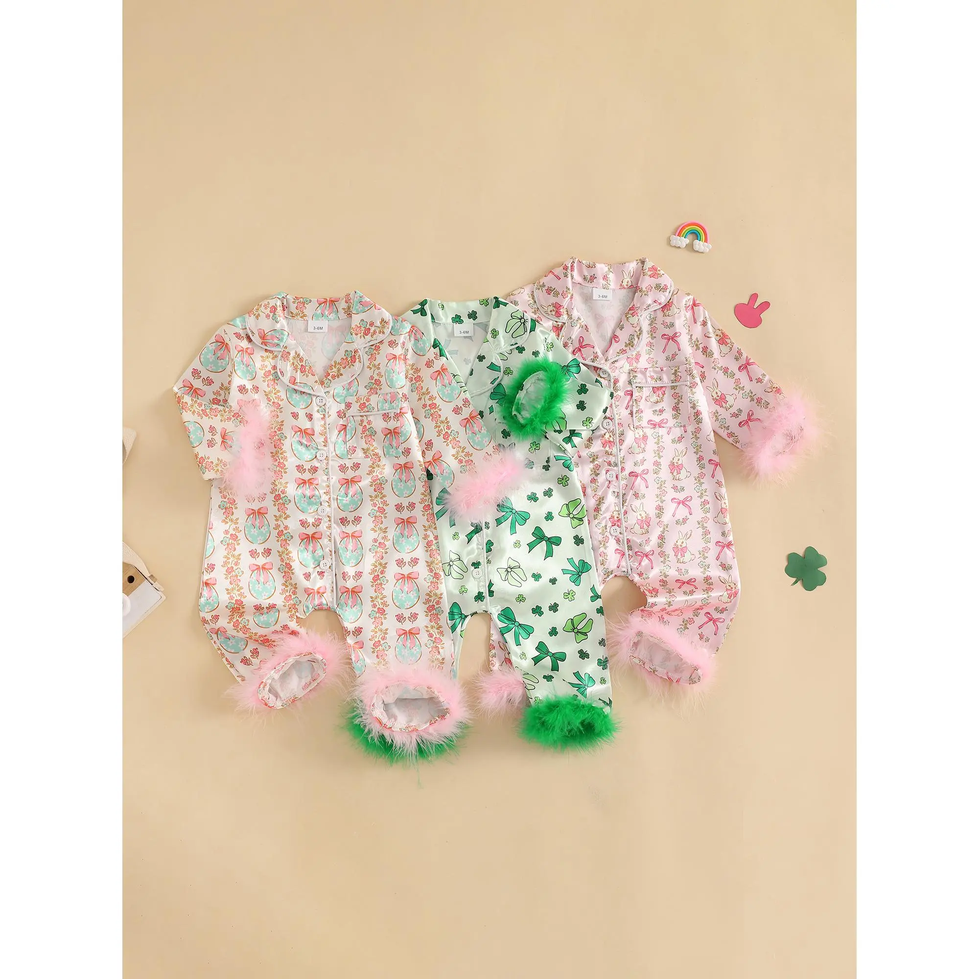 Baby Girl Romper Pajamas Bow/Strawberry Print Feather Cuffs Long Sleeve Lapel Button Down Sleepwear