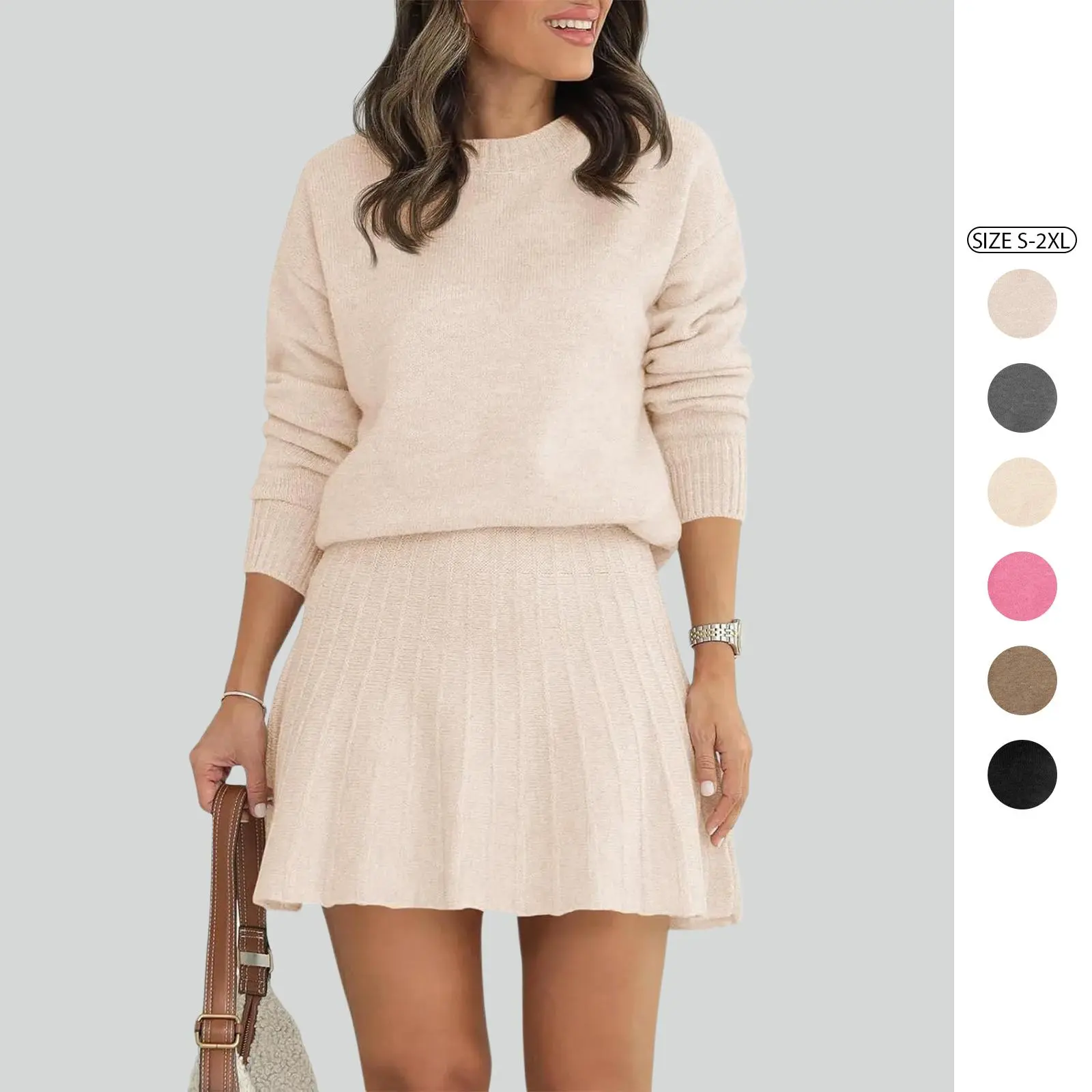 Imily Bela Women's 2-Piece Knitted Lounge Set - Chic, Minimalist Long-Sleeve Crewneck Sweater & Flat Pleated Mini Skirt for Day Wear