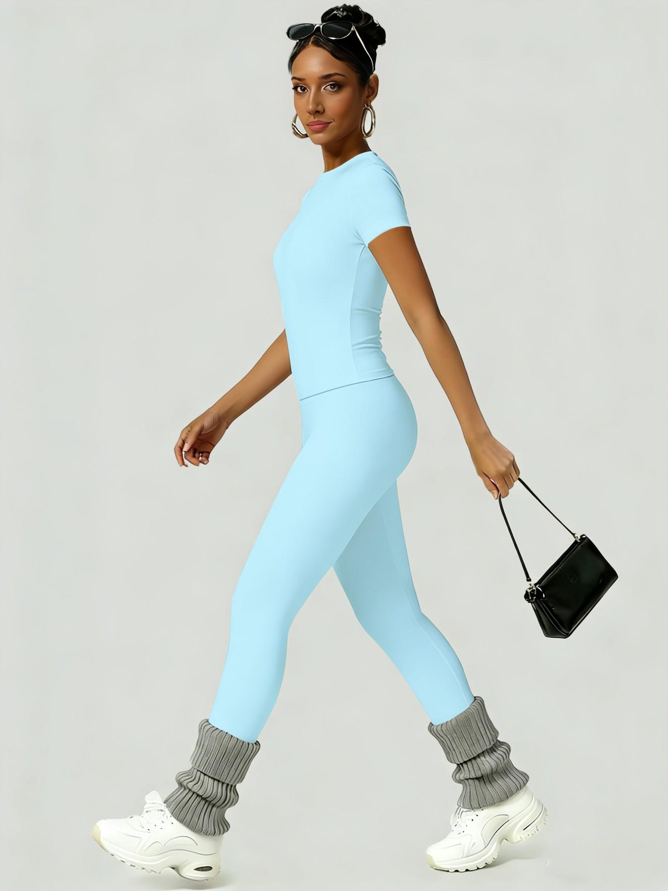 Women's Sportswear Set, Workout Gym Clothing, Training Clothes, Slim-Fit Round Neck Short Sleeves & High-Waisted Yoga Pants, Ideal for Gym Running Outdoor Activities