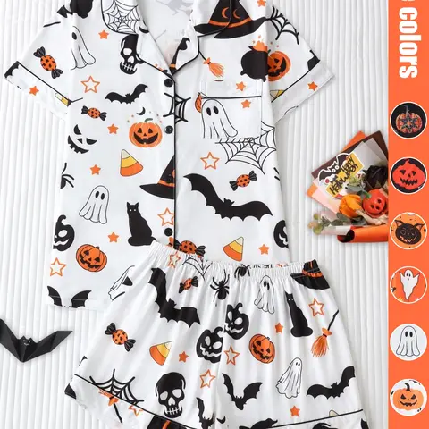 Women's Halloween Pajama Set, Pumpkin Ghost Bat Cat Print, Fitted Short Sleeve Top & Loose Shorts, Cute Funny Style Loungewear