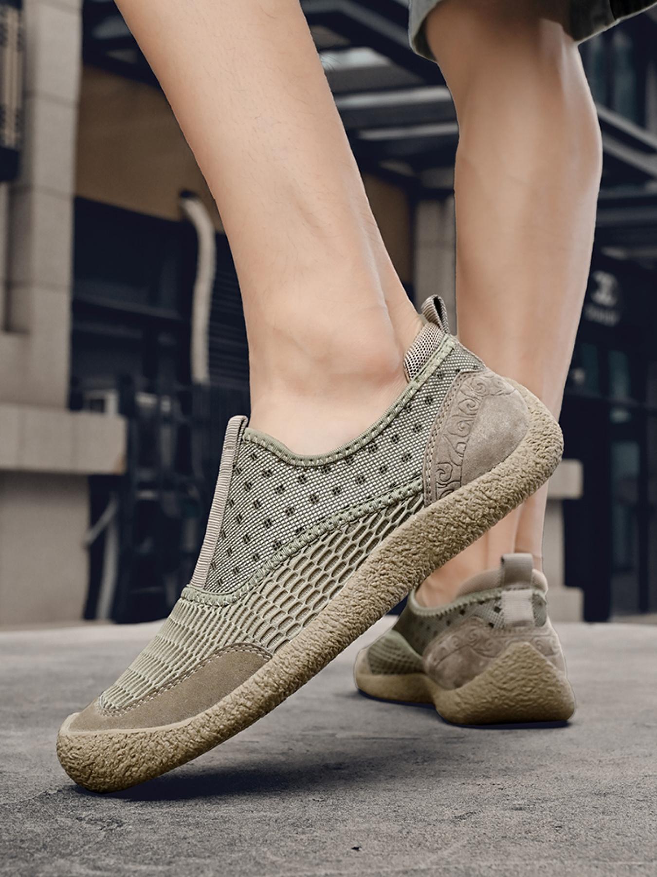 Men's Solid Color Mesh Breathable Slip-On Loafers, Soft Sole Anti-Slip Hand-Stitched Walking Shoes, Lightweight Casual Dad Shoes