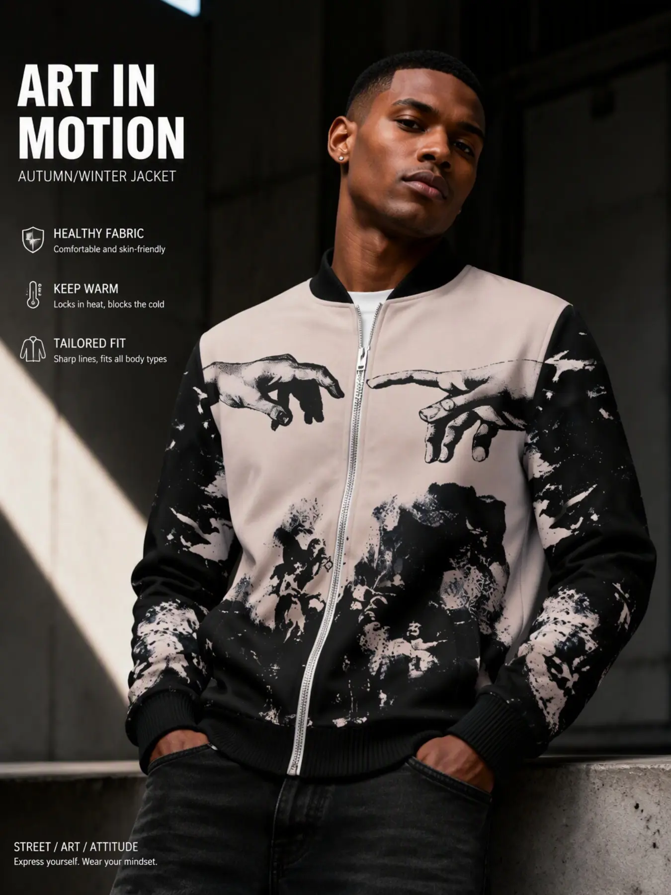 Artistic Full-Zip Men's Jacket, Vintage God's Hand Oil Painting Print, Windproof Baseball Collar, Fashion Fall & Winter Outerwear