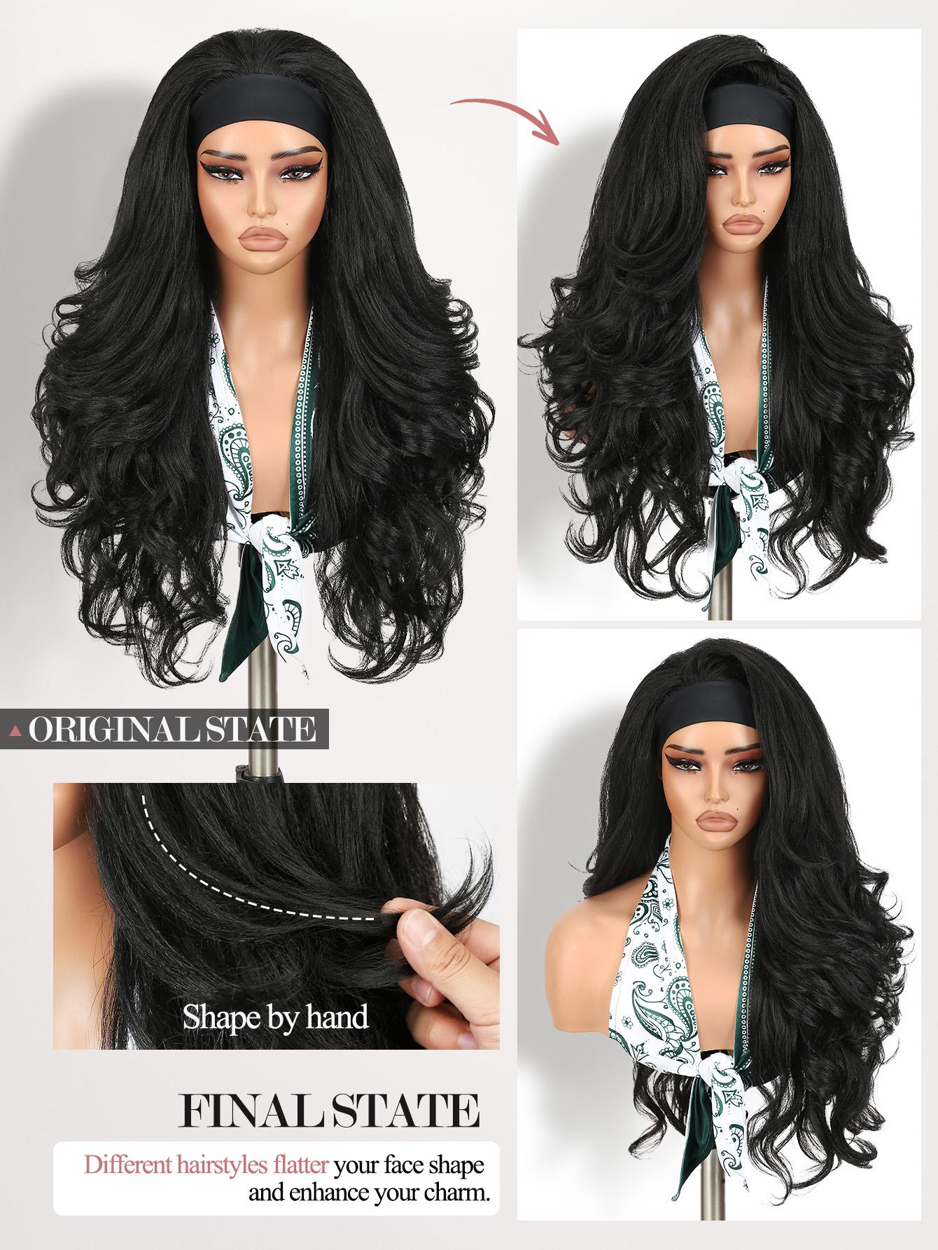 Yaki Body Wave Headband Wig for Women, Synthetic Fiber Wigs Curly Wavy 26 Inch Long Kinky Straight, Glueless Lightweight, Heat Resistant, Daily Use