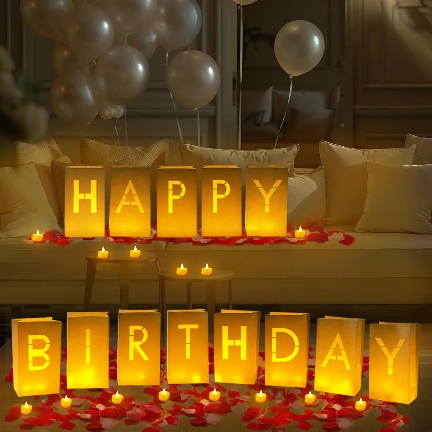 Light Up Letters Luminary Bags Kit with Flameless Candles, Fake Rose Petals & Happy Birthday Sign - Outdoor Lighting, Decorative Lights, Letter Glow Sign for Women Birthday, Romance, Children's Day Festive & Home Decor