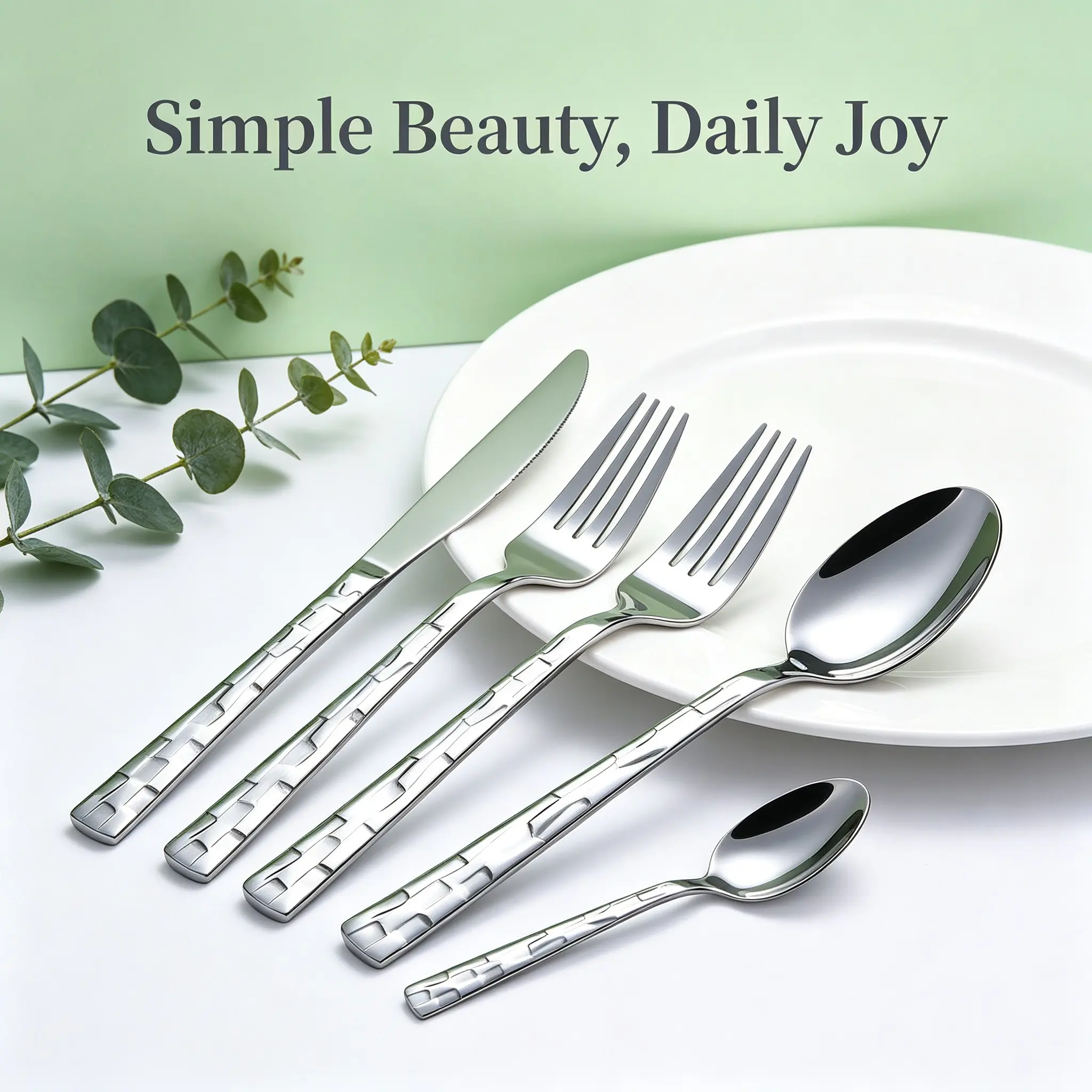 16/24Pcs Silver Stainless Steel Tableware Flatware Set with Knife, Fork, Spoon & Teaspoon, Geometric Embossed Handle, Mirror Polished Rustproof Dishwasher Safe, Perfect for Home Dining, Restaurant & Party Use