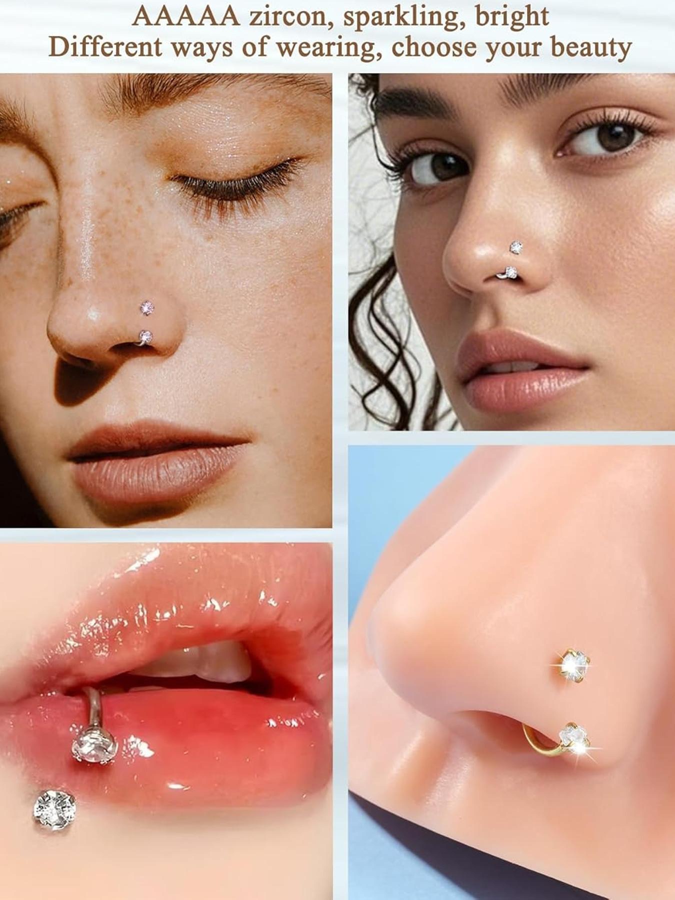 Hoop Nose Ring Set, Horseshoe Nose Rings for Women, Stainless Steel Piercing Jewelry, Dual Gemstone Hoop Rings, Surgical Steel Cartilage Spiral Earrings, Nose Piercing Kit