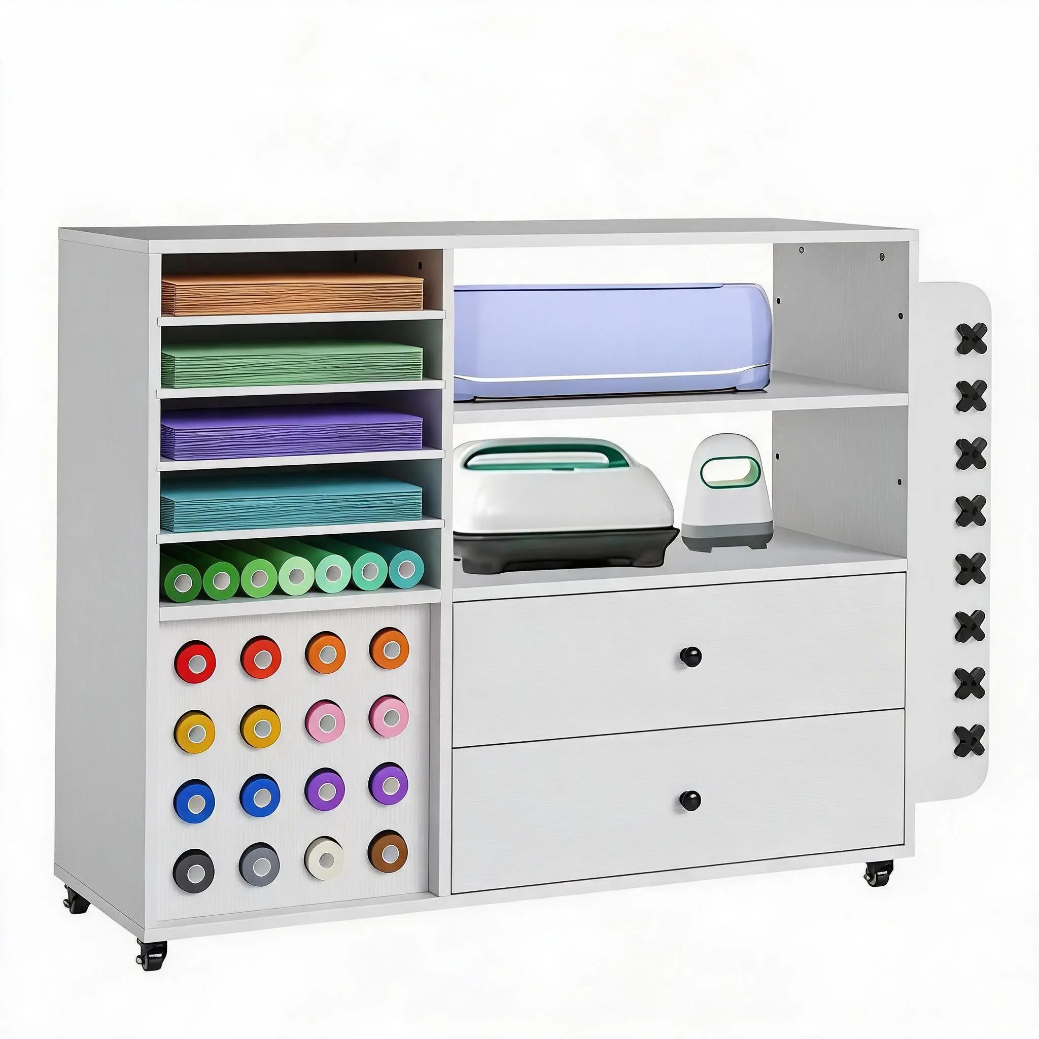 Wood Rolling Craft Storage Cart Organiser - Cricut Machine Compatible, Craft Table Workstation with 24 Vinyl Roll Racks, 2 Drawers, Locking Wheels for Cricut Maker, Sewing Machine
